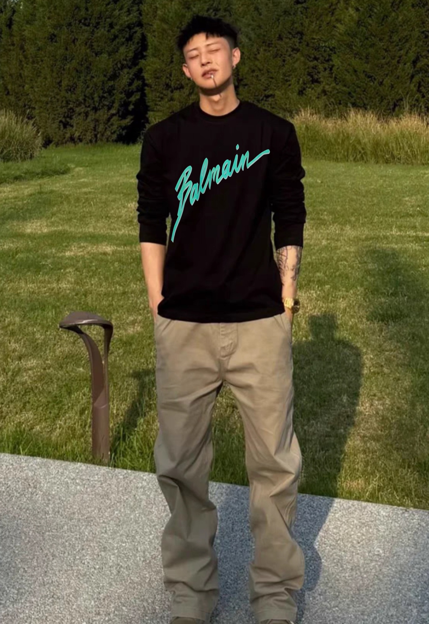 BALMAIN*巴尔曼25s新款莫代尔长袖T恤❤️基础款的领军人物.胸口经典字母大图形3D立体烫画！绿色