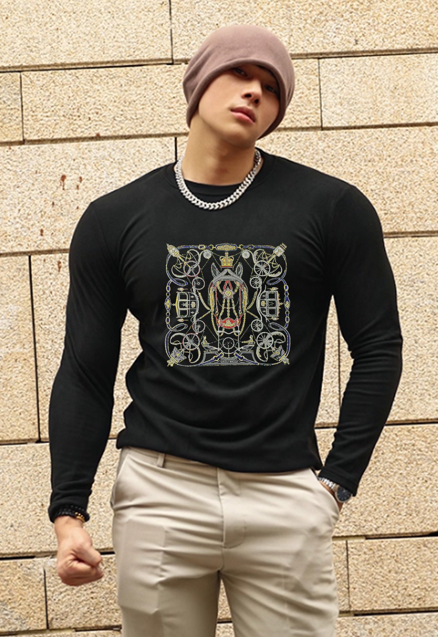 HERME*爱马*25s新款莫代尔长袖T恤.色彩搭配非常丰富.适合时尚街头潮流品牌图形搭配！规则型四方连