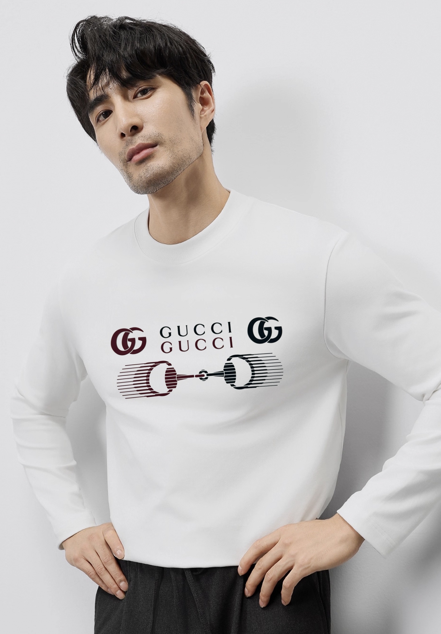 GUCC*古-齐25s新品莫代尔长袖T恤.非常趣味的即视感！！！胸前经典多彩徽标费时费工，双层烫画工艺.