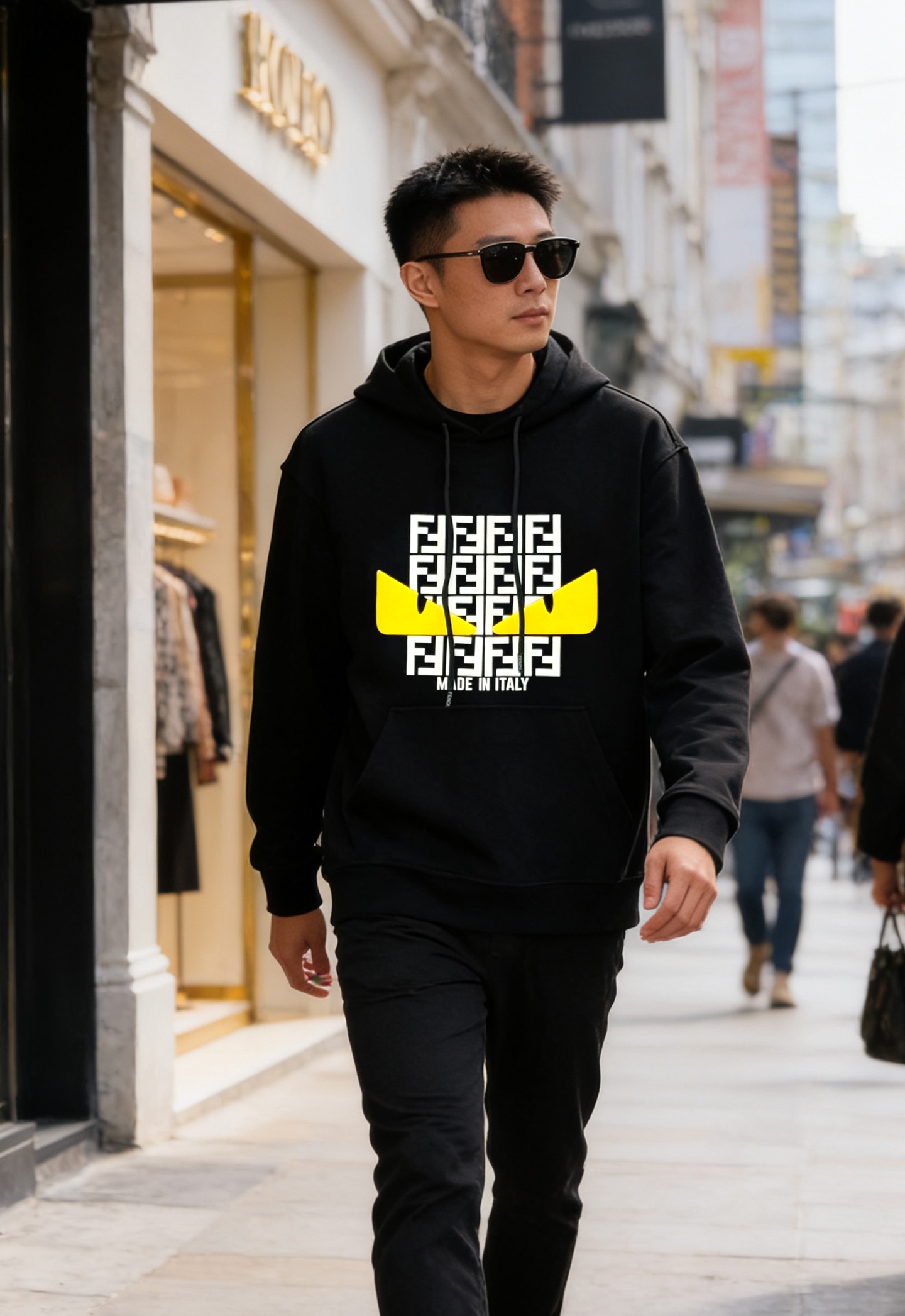 FENDI芬迪新款小怪兽图案T连帽卫衣.“FEND”品牌标志部分字母FF规矩图形被设计成一对黑色的类似怪