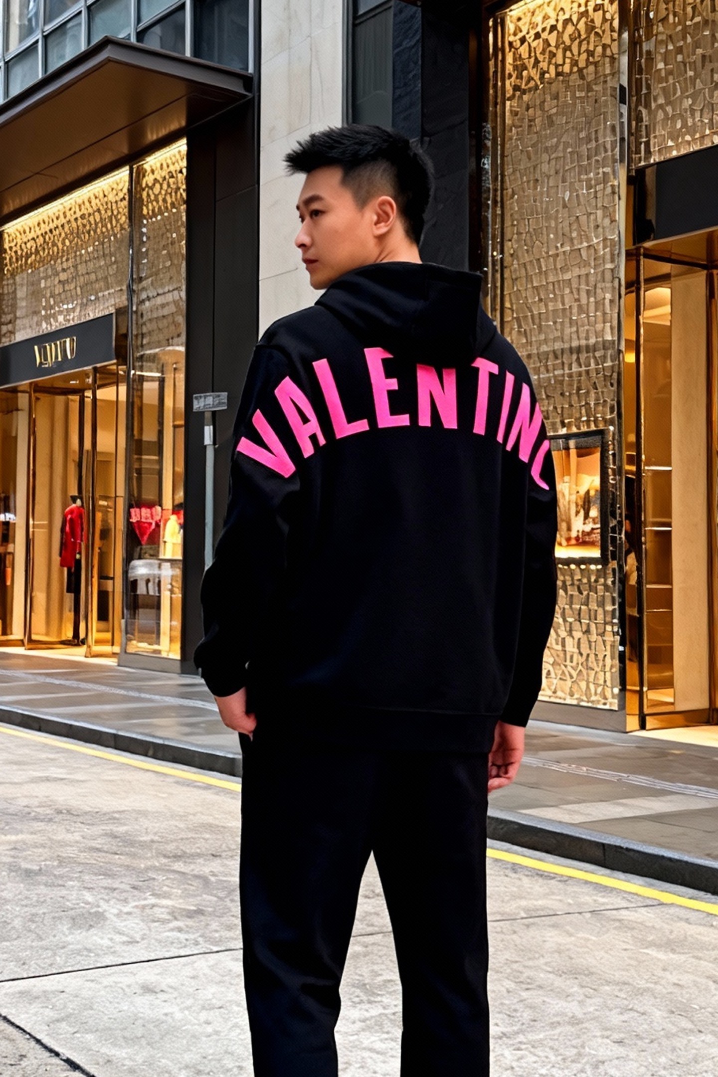 Valentin*华伦天奴新款连帽卫衣！撞粉色系搭配.男女同款～双面字母烫画设计.胸口基础款标识.后背视