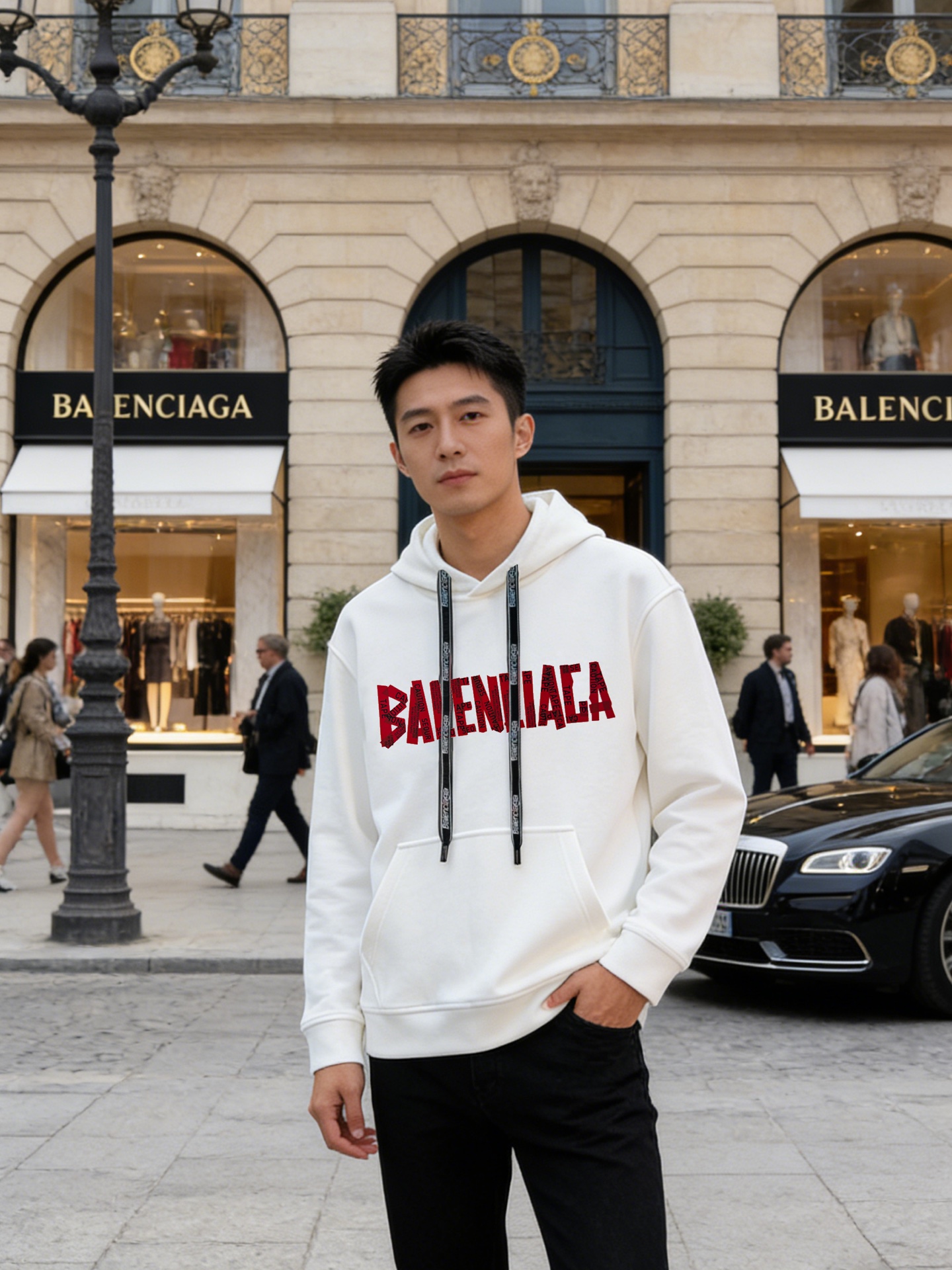 BALENCIAGA新品巴黎连帽卫衣.柔软棉质面料，穿着舒适又透气!正面红色“BALENCIAGA”字母