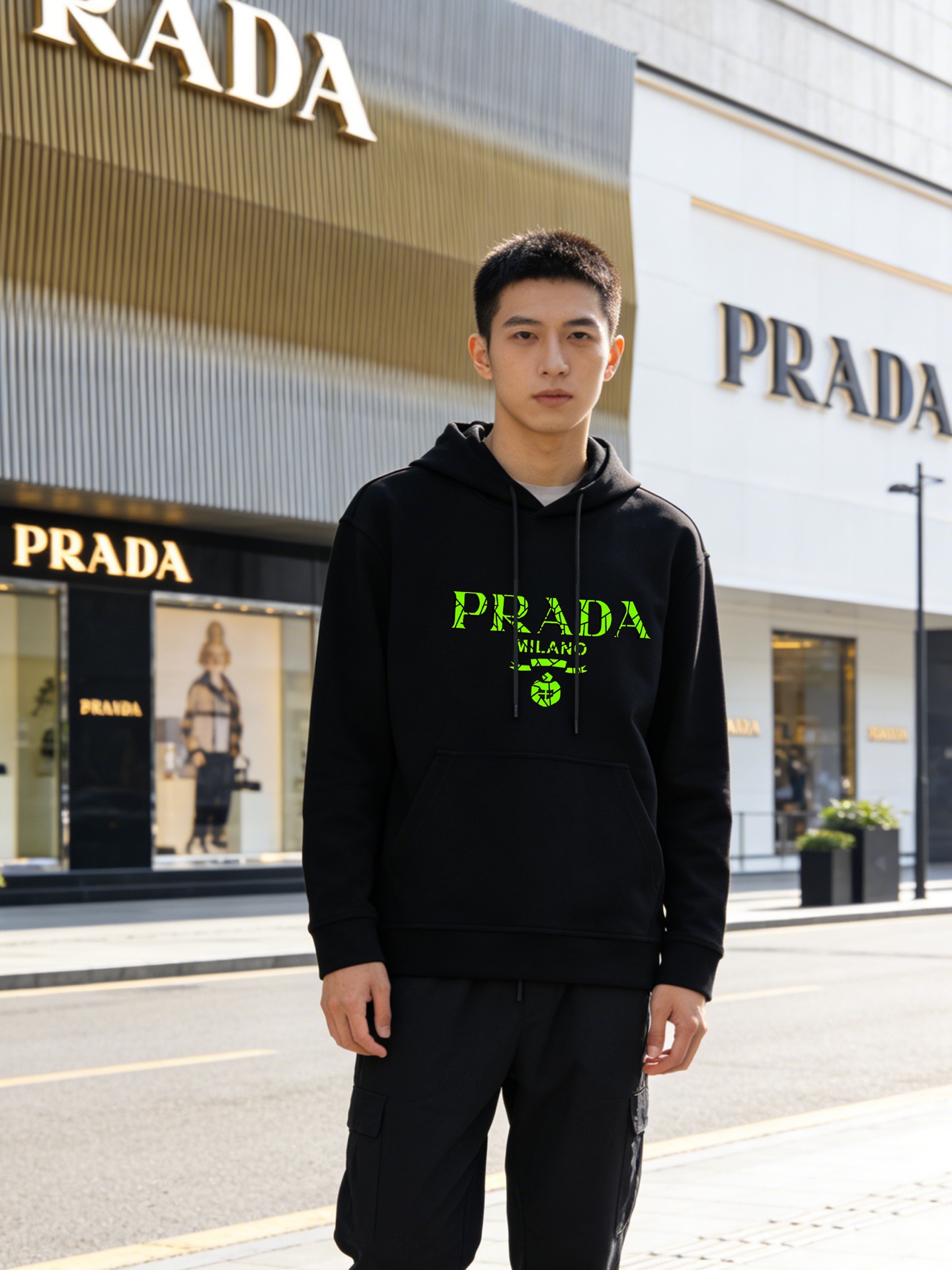 Prada普拉达新款连帽卫衣，甄选超优质天丝面料.柔软有手感.穿着舒适又保暖。正面绿色荧光“PRADA 