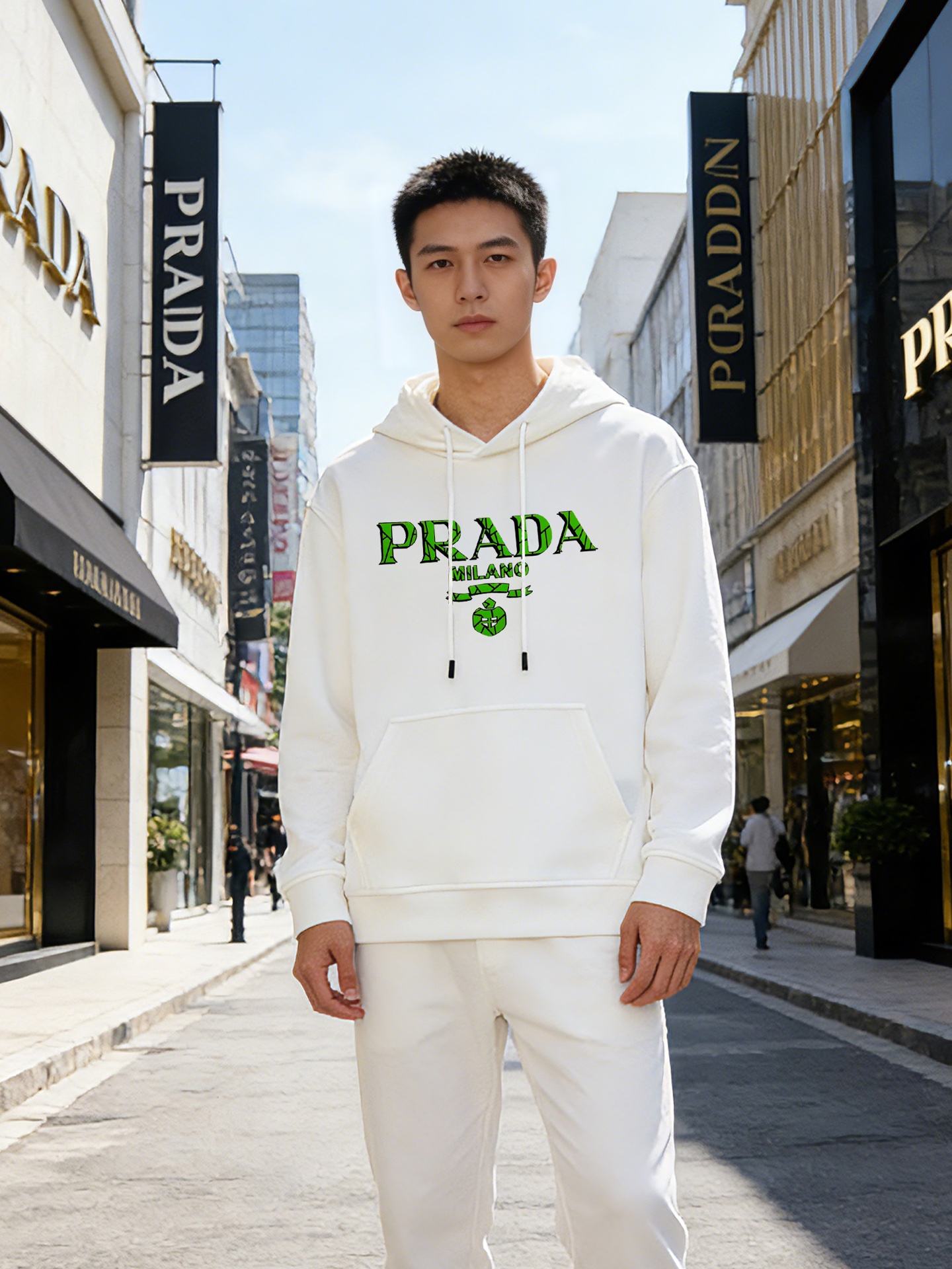 Prada普拉达新款连帽卫衣，甄选超优质天丝面料.柔软有手感.穿着舒适又保暖。正面绿色荧光“PRADA 