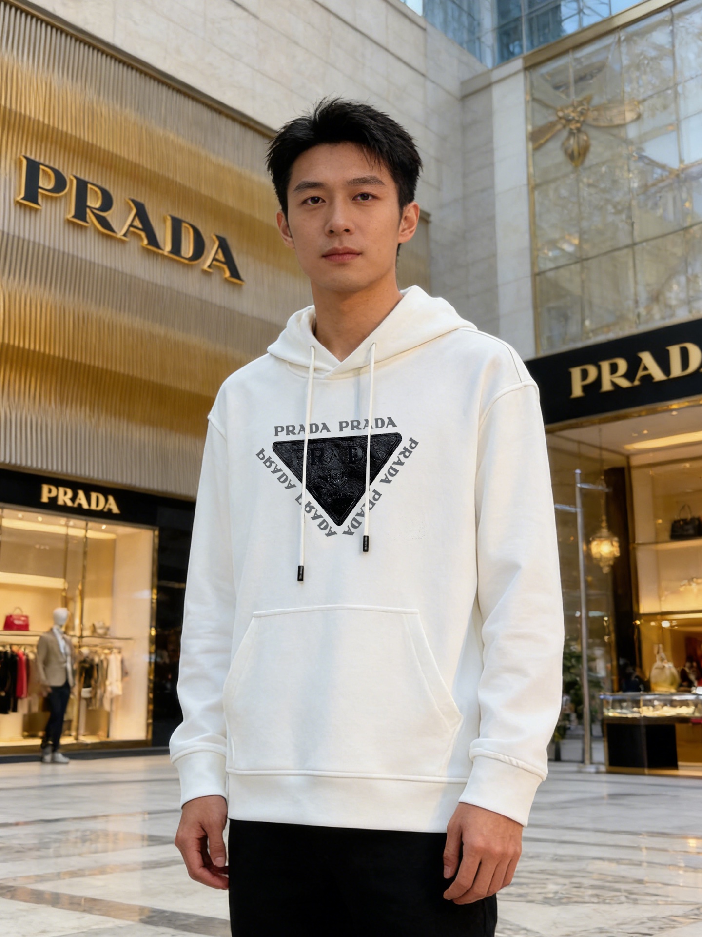 Prada普拉达新款连帽卫衣，甄选超优质天丝面料.柔软有手感.穿着舒适又保暖。胸前高温烫画工艺.品牌字母