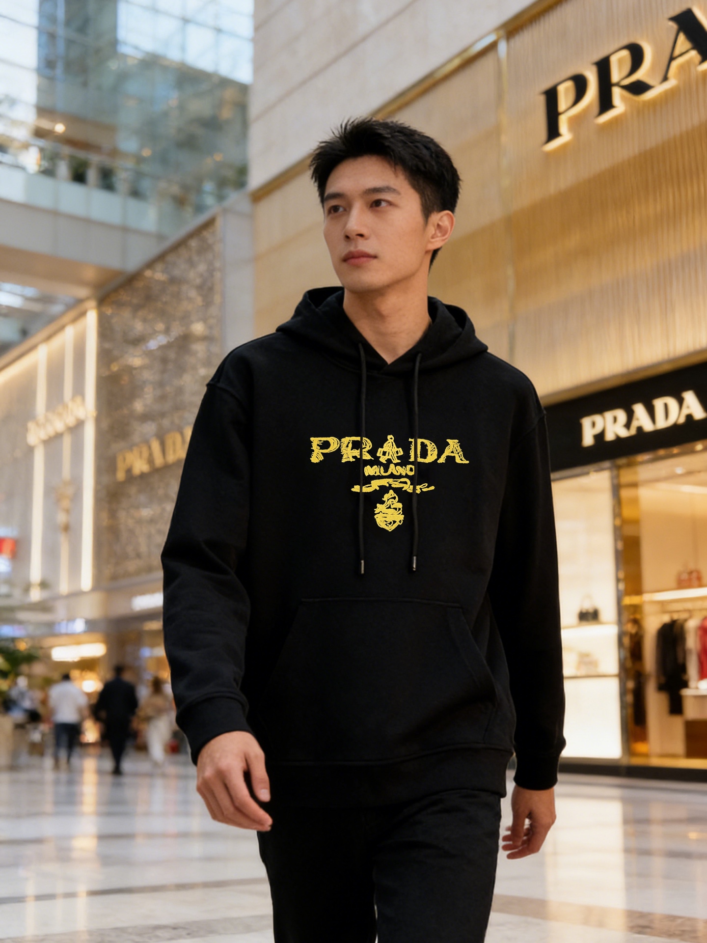 Prada普拉达新款连帽卫衣，超舒适的天丝面料.舒适又保暖，日常穿搭超百搭！正面金色和蓝色刺绣徽标.立体