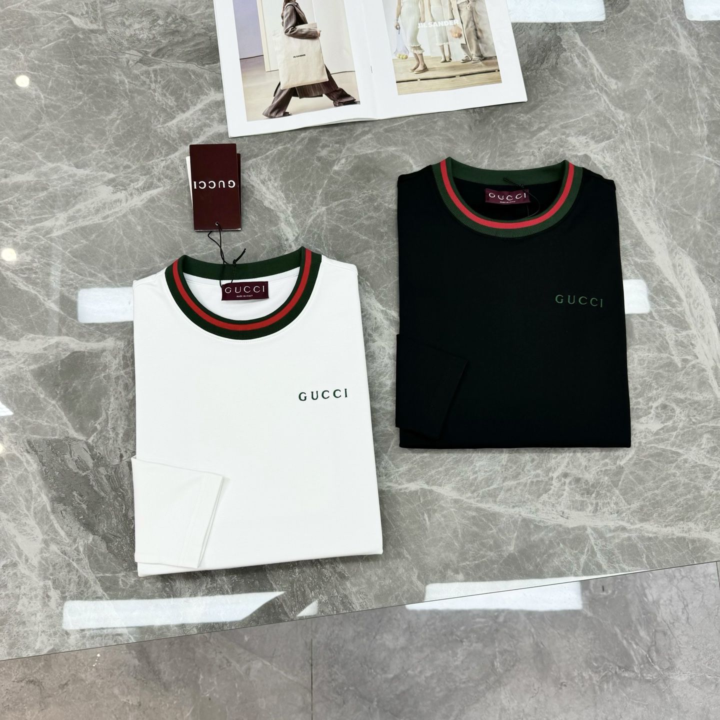 顶级颜值担当！GUCC*新款莫代尔长袖T恤.当季颜值担当.经典红绿条G家流行色来了～领口袖口酒红绿定织拼