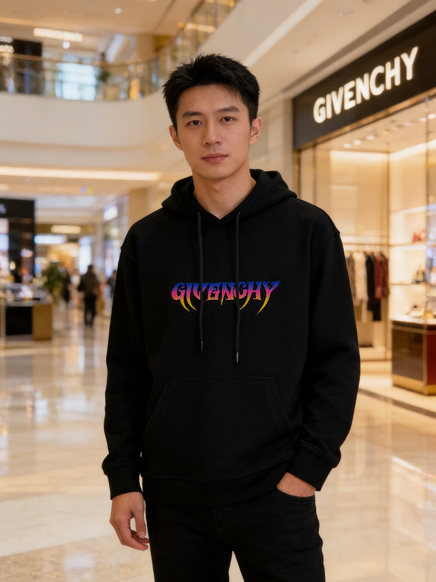 Givenchy纪梵希新款连帽卫衣，胸前彩虹渐变字母植绒绣花，立体造型超有活力！超有潮流感！超舒适饭天丝