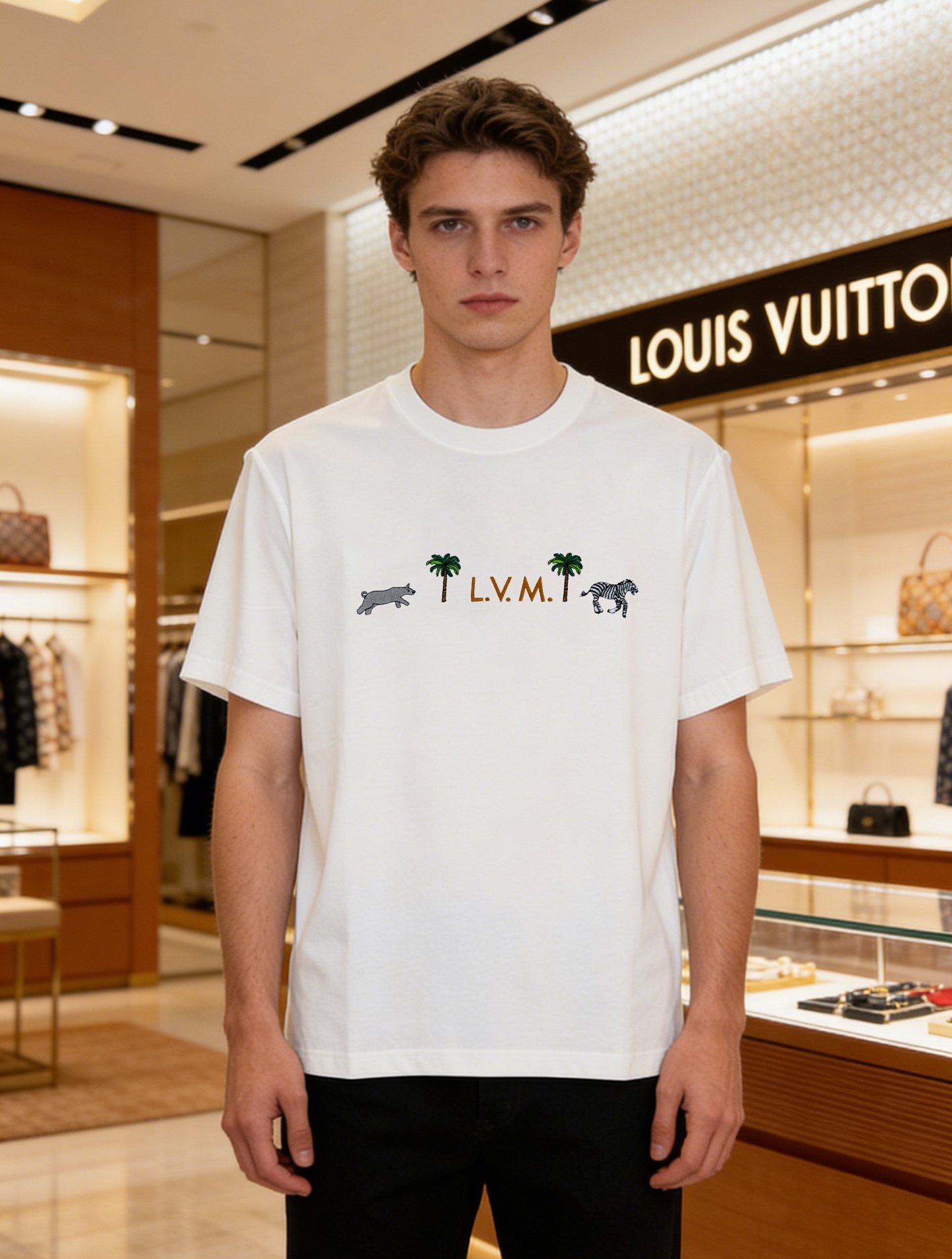 NO:833853,Donkey Brand*Louis Vuitton 2026 Spring and Summer Series Animal Embroidered Mercerized Cotton T-shirt is made of high-quality mercerized cotton fabric, silky and delicate. Soft and breathable, super comfortable to wear in summer!  Palm tree, zebra, cheetah embroidery + 'L.V.M.' letters on the chest, 3D three-dimensional embroidery details are perfect. Customized collar thread. Good elasticity and not easy to deform, more durable to wear. Customized original laser leather label on the back collar. All three labels. Color black. White. Size M-3XL slim fit (S and 4XL can be customized) 175/145 pounds recommended XL, Louis vuitton, Louis  vuitton,tees,t-shirt,19860909驴牌*路易威登2026春夏系列动物刺绣丝光棉T恤,采用优质丝光棉面料,丝滑细腻.柔软透气,夏天穿超舒服！胸前棕榈树、斑马、猎豹刺绣+“L.V.M.”字母,3D立体绣花细节满分.定制领口螺纹.弹性好不易变形,穿着更耐久.后领定制原版雷射皮标.三标齐.颜色黑色.白色.码数M-3XL修身版型（S和4XL可订做）175/145斤建议XL,,louis vuitton,louis vuitton,tees，t-shirt,,Men's clothing