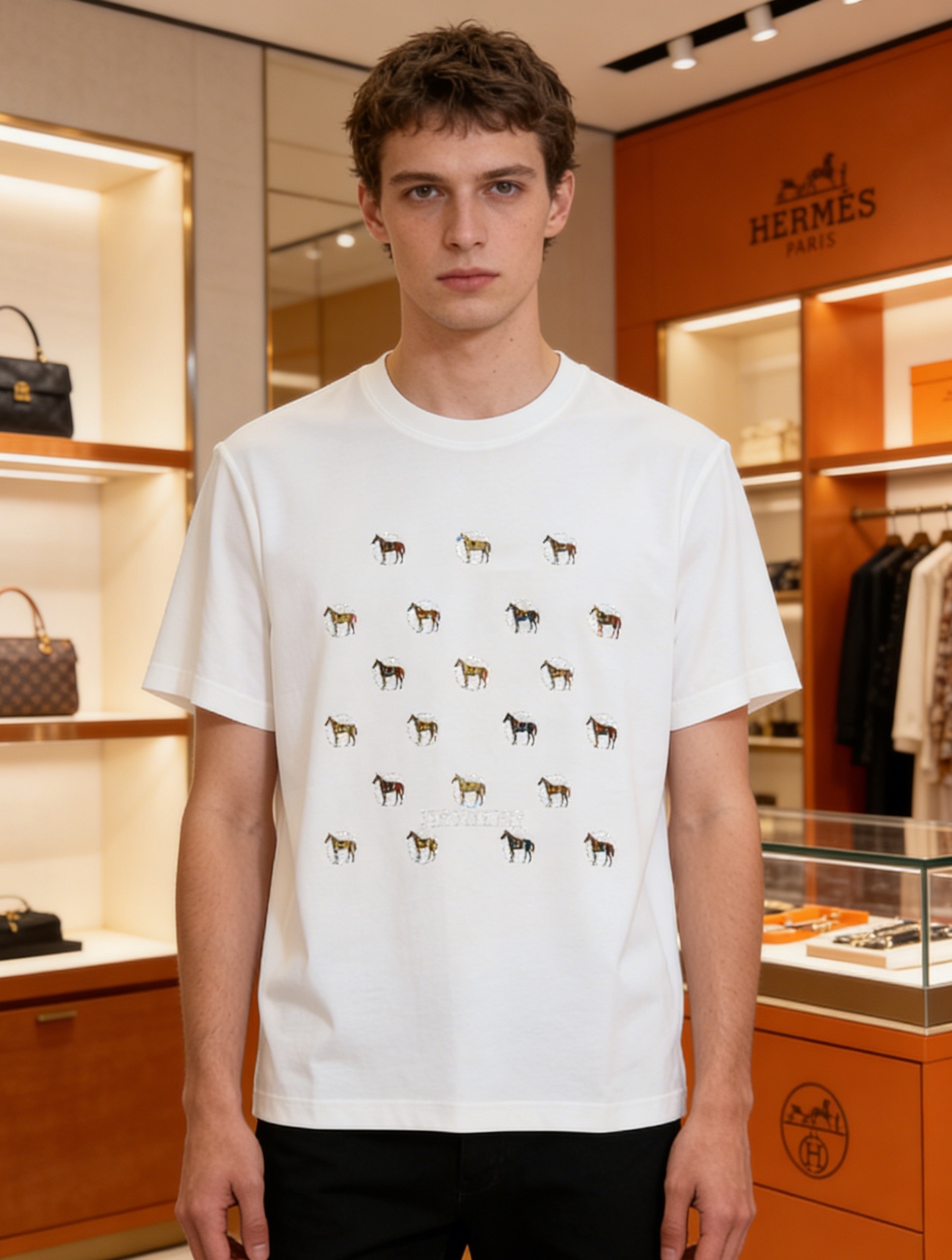 NO:833861,Hermes 26s new mercerized cotton short-sleeved T-shirt is made of high-quality mercerized cotton fabric. It is skin-friendly and breathable, making it super comfortable to wear in summer!  The front is a very artistic Hermès aristocratic element, full of brand story. High-temperature heat transfer and hot-drilling process. Rich colors. Full of fashion sense. It is versatile for daily street or leisure, and can easily control various styles. The printing uses Japanese Brother direct injection technology, the color is super bright and breathable, and the attention to detail is a must!  Color black. Color blue. Aqua blue. White. Size M-3XL slim fit (S and 4XL can be customized) 175/145 pounds recommended XL,, hermes, hermes, T-shirt, tees, t-shirt,19860909Hermes爱马仕26s新款丝光棉短袖T恤,采用高品质丝光棉面料.亲肤透气,夏天穿超舒服！正面是超有艺术感的爱马仕贵族元素,满满品牌故事感高温烫画搭配烫钻工艺.色彩丰富.时尚感满满.日常出街或休闲都很百搭,轻松驾驭各种风格.印花用日本Brother直喷技术,色彩超鲜艳还透气,细节控必入！颜色黑色.彩蓝.水蓝.白色.码数M-3XL修身版型（S和4XL可订做）175/145斤建议XL,,hermes,hermes,T-shirt,tees，t-shirt,,Men's clothing