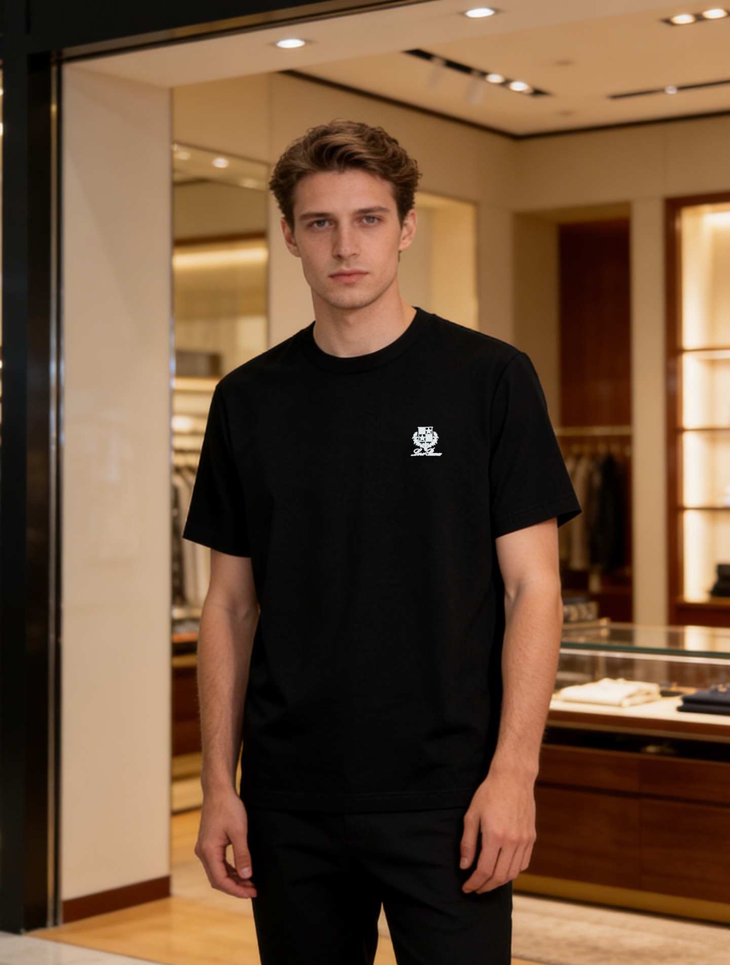 NO:909623,Loro piana*26s new mercerized cotton T-shirt. The original order recommends the classic LP logo. 3D three-dimensional silicone logo. Texture and quality presentation. Classic LP old money style concrete words. The letter pattern is high-end and low-key. Simple and versatile. Made of customized 190g mercerized cotton fabric, the upper body has a strong sense of lightness. The skin-friendly and soft texture has excellent breathability... All three standards!  Color black. Dark blue. White. Size M-3XL slim fit!  (S and 4XL can be customized)/145 pounds recommended XL,,loro piana,loro piana,tees,t-shirt,19860909Loro piana诺悠翩雅*26s新品丝光棉T恤.原单推荐经典LP标识.3D立体硅胶标识.质感品质呈现.经典Lp老钱风的具象话.字母花型高级低调.简约百搭款.采用定制190g丝光棉面料,上身后的轻盈感很强 亲肤柔软的质地具备出色的透气性....三标齐！颜色黑色.深蓝.白色.码数M-3XL修身版型！（S和4XL可订做）/145斤建议XL,,loro piana,loro piana,tees，t-shirt,,Men's clothing