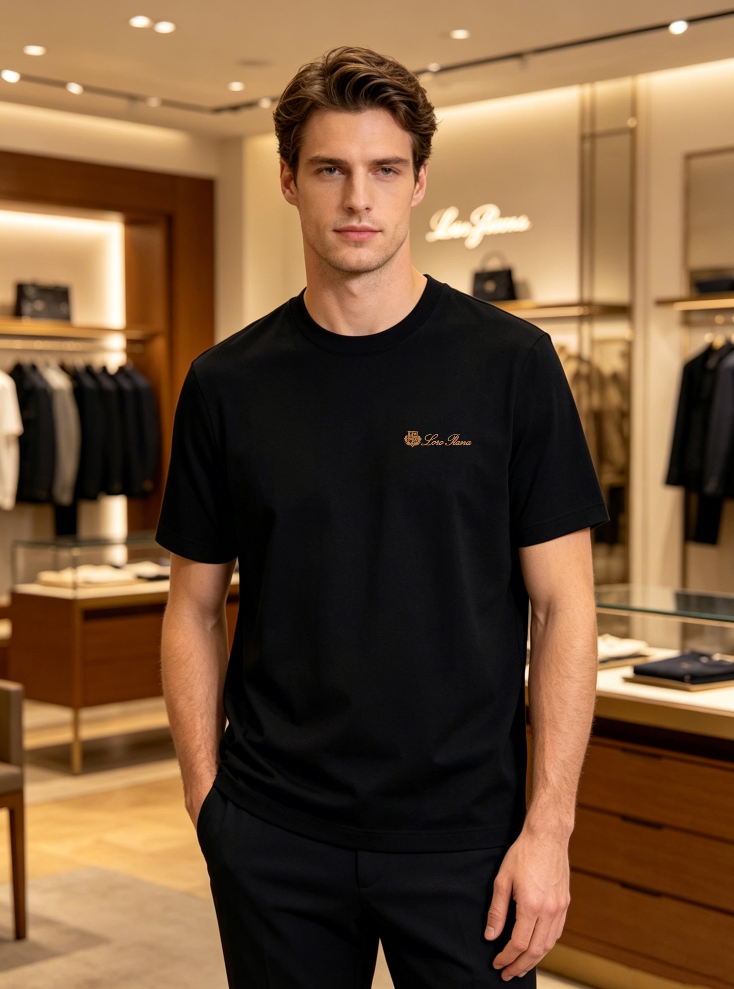 NO:833836,Loro piana*26s new mercerized cotton T-shirt. The original order recommends the classic LP logo. 3D three-dimensional letter embroidery shows three-dimensional texture quality. The concrete words of classic Lp old money style. The letter pattern is high-end and low-key. Simple and versatile. Made of customized 190g mercerized cotton fabric, the upper body has a strong sense of lightness. The skin-friendly and soft texture has excellent breathability... All three standards!  Color black. White. Size M-3XL slim fit!  (S and 4XL can be customized) 175/145 pounds recommended XL, loro piana, loro piana, tees, t-shirt,19860909Loro piana诺悠翩雅*26s新品丝光棉T恤.原单推荐经典LP标识.3D立体字母刺绣立体质感品质呈现.经典Lp老钱风的具象话.字母花型高级低调.简约百搭款.采用定制190g丝光棉面料,上身后的轻盈感很强 亲肤柔软的质地具备出色的透气性....三标齐！颜色黑色.白色.码数M-3XL修身版型！（S和4XL可订做）175/145斤建议XL,,loro piana,loro piana,tees，t-shirt,,Men's clothing