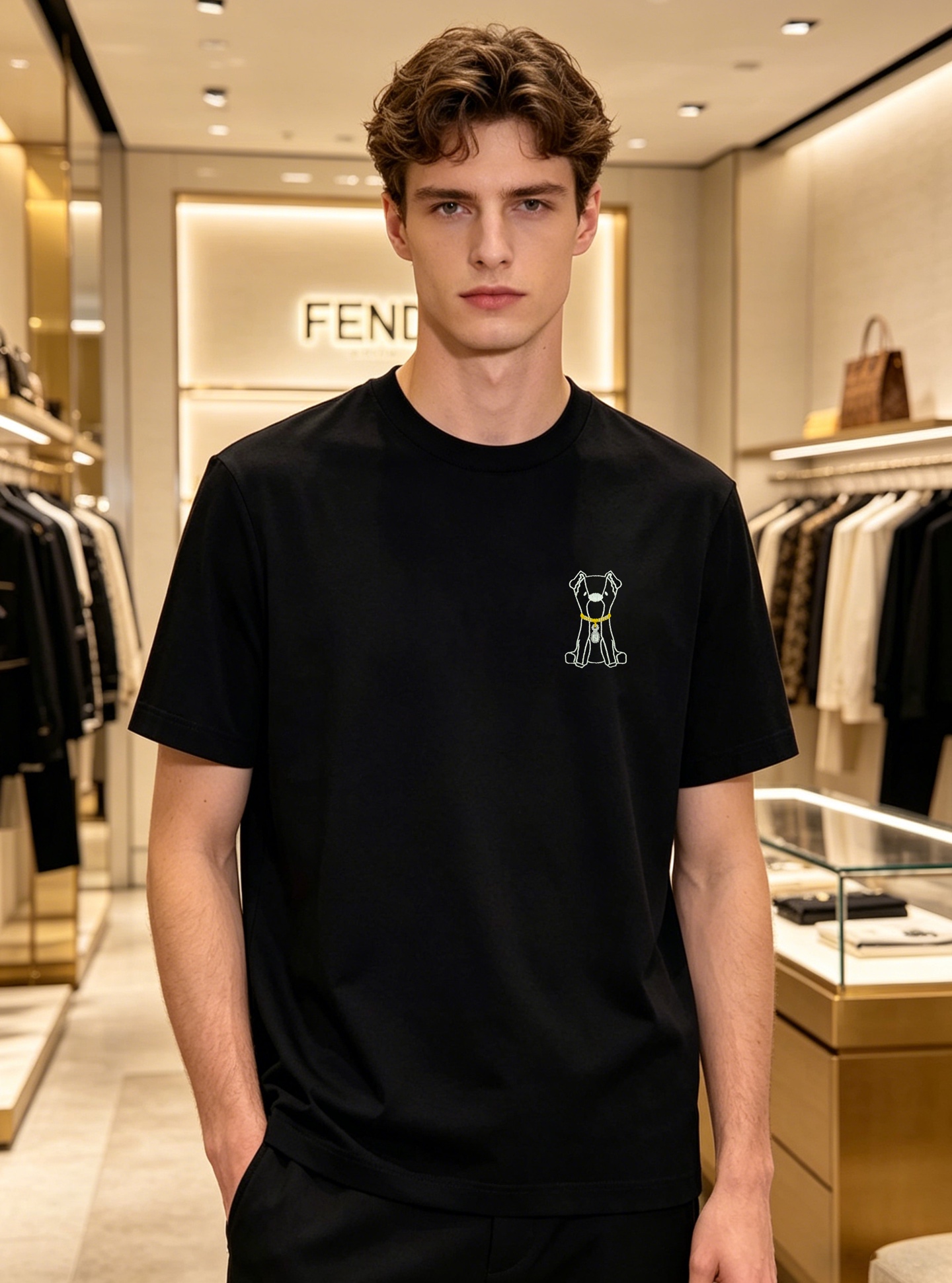 NO:910155,FENDI Fendi's new mercerized cotton short-sleeved T-shirt is available in black and white. The dog head embroidery on the chest is super interesting and highly recognizable!  The fabric is high-quality mercerized cotton. It is soft and smooth, light and breathable, not easy to wrinkle, not easy to deform, and not easy to pilling. It is super comfortable to wear in spring and summer. The round neck design is simple and versatile, and it is OK to wear alone or layered. You can match it with casual pants or jeans, and you can easily get a clean and youthful style!  All three standards!  Size M-3XL (S and 4XL can be customized) Slim fit/145 pounds recommended XL, fendi, fendi, jeans, T-shirt, tees, t-shirt,19860909FENDI芬迪新款丝光棉短袖T恤,黑白两色可选,胸前狗头刺绣超有趣,辨识度满分！面料是优质丝光棉.柔软顺滑,轻薄透气,不易皱、不易变形、不易起球,春夏穿超舒服.圆领设计简约百搭,单穿或叠穿都很OK,休闲裤、牛仔裤随意搭配,轻松get干净少年感风格！三标齐！码数M-3XL（S和4XL可订做）修身版型/145斤建议XL,,fendi,fendi,jeans,T-shirt,tees，t-shirt,,Men's clothing