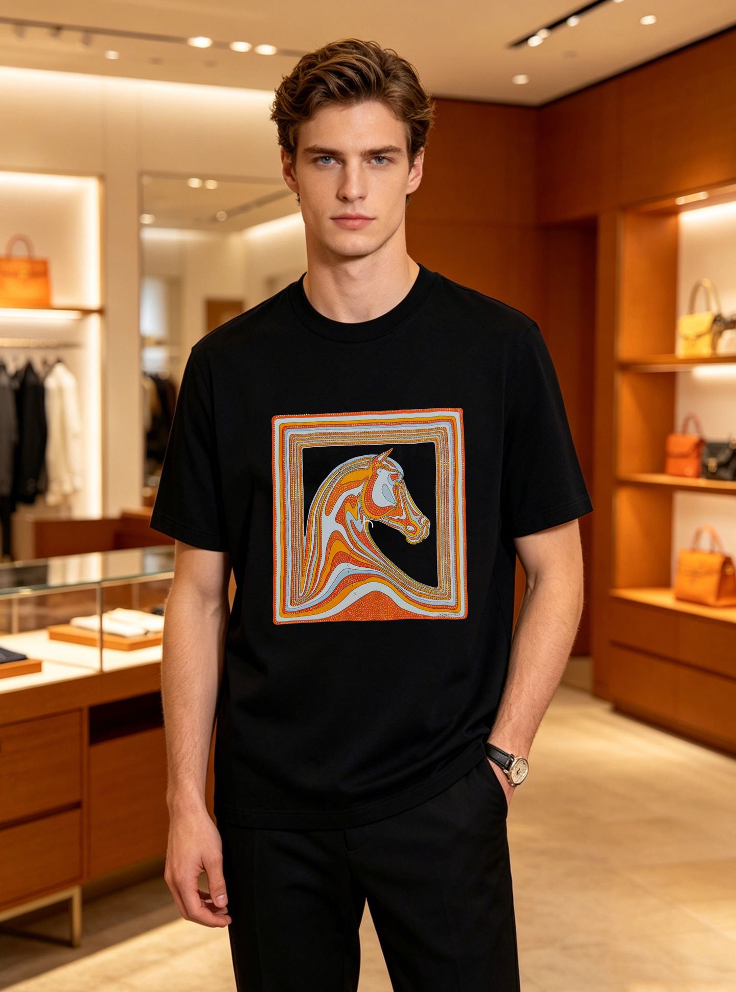 NO:910171,HERMES 26s new mercerized cotton T-shirt. The new product injects full vitality into the new series. This item is made of carefully selected 190g mercerized cotton fabric. The fabric feels soft and comfortable against the skin. Silky and cool!  The body is designed with a noble horse pattern!  It is embellished with hot diamond craftsmanship. The whole item is very eye-catching and fashionable, and is deeply loved by young people today!  The slim-fitting cut is suitable for all styles and looks you need in your daily life!  All three standards!  Color black. White. Dark blue. Size M-3XL slim fit!  (S and 4XL can be customized)/145 pounds recommended XL, hermes, hermes, tees, t-shirt,19860909HERMES爱马仕26s新款丝光棉T恤.新品为全新系列注入满满活力,这款单品用心甄选190g丝光棉面料制成,面料手感亲肤柔软舒适.丝滑凉爽！衣身尊贵马图案设计！搭配烫钻工艺点缀.整件单品极具吸睛度与时尚感,深受当下年轻人的喜爱！修身版型裁剪,适合搭配你日常所需的所有风格与造型！三标齐！颜色黑色.白色.深蓝.码数M-3XL修身版型！（S和4XL可订做）/145斤建议XL,,hermes,hermes,tees，t-shirt,,Men's clothing