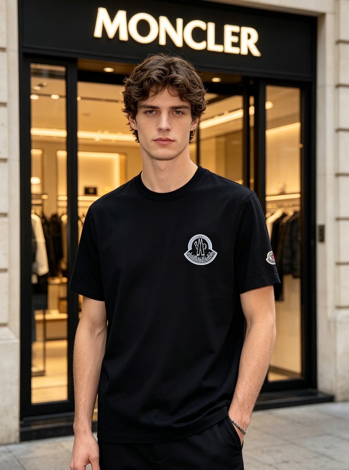 NO:910167,Moncler's new co-branded mercerized cotton T-shirt, simple design. Made of 190g mercerized cotton fabric. The silky fabric is super comfortable to wear!  The Moncler logo is on the chest. The cuffs are fully recognizable and are embellished with small hat badges, which are full of details. The white model is fresh and versatile, and the black model is retro and durable. It can be easily used in daily life or outdoors ~ The joint series is highly collectible, with both fashion and practicality. Friends who like Moncler should not miss it!  Color black, white, burgundy, bright red. Size M-3XL (S and 4XL can be customized) Slim fit!  /145 pounds recommended XL,,Moncler,tees,t-shirt,hats,19860909Moncler蒙口新款联名丝光棉T恤,简约设计.采用190g丝光棉面料.丝滑面料穿着超舒适！胸口moncler标识.品牌辨识度满分袖口还有小帽子徽章点缀,细节感拉满.白色款清新百搭,黑色款复古耐看,日常或户外都能轻松驾驭～联名系列超有收藏价值,时尚感和实用性兼具,喜欢Moncler的朋友别错过啦！颜色黑色.白色.酒红.大红.码数M-3XL（S和4XL可订做）修身版型！/145斤建议XL,,Moncler,tees，t-shirt,hats,,Men's clothing