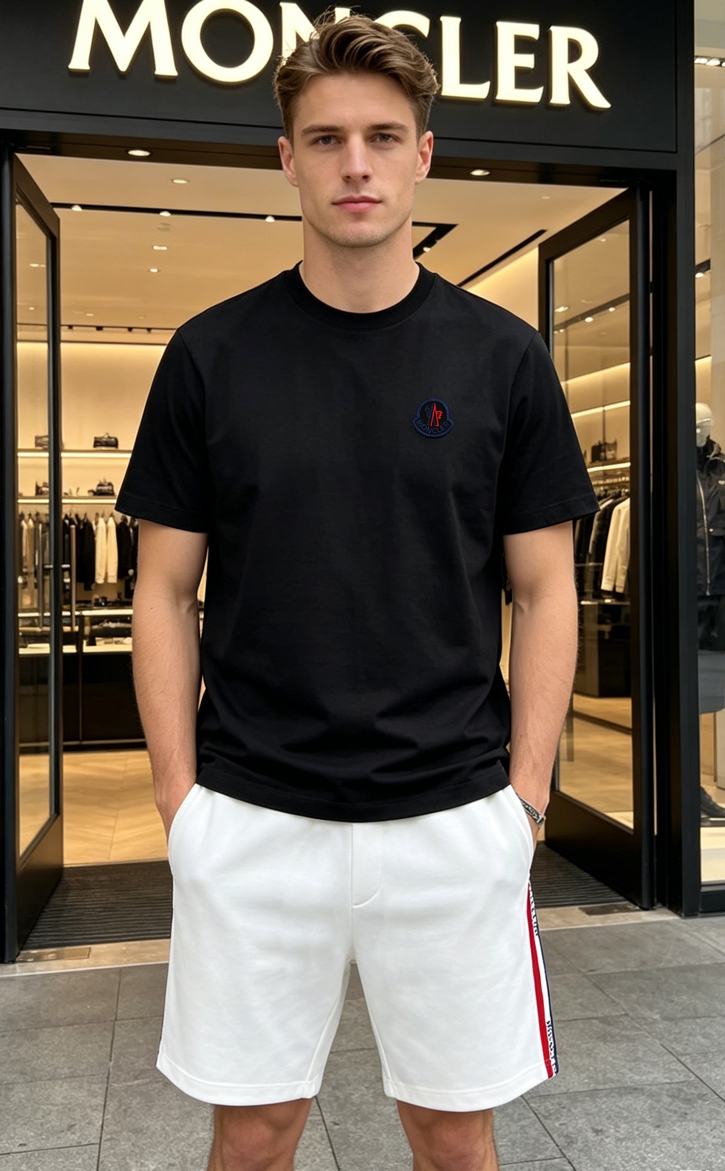 NO:910182,Tops and pants. MONCLER new round neck mercerized cotton T-shirt. OEM product!  !  This bottoming shirt is based on a basic pattern. The classic three-dimensional embroidery process of the brand's small hat is used on the chest. The details play a vital role in the overall matching. The blue color matching design adds a lot of eye-catching and is as perfect as the finishing touch. The pattern is very three-dimensional and stylish. It is made of 200g mercerized cotton fabric. The upper body is comfortable and skin-friendly, cool and pleasant. All three standards are met!  Color black. White. Size M-3XL slim fit!  (S and 4xl can be customized)/145 pounds recommended XL, Moncler, tees, t-shirt, hats,19860909上衣.裤子 MONCLER蒙口新款圆领丝光棉T恤.代工出品！！此款打底衫以基础的版型为框架.胸口采用品牌小帽子经典立体刺绣工艺,细节为整体搭配起到至关重要的作用,蓝色色彩搭配设计.增添了不少吸睛度,犹如画龙点睛般完美,图案非常立体有型,采用200g丝光棉面料,上身穿着舒适亲肤,凉爽宜人.三标齐！颜色黑色.白色.码数M-3XL修身版型！（S和4xl可订做）/145斤建议XL,,Moncler,tees，t-shirt,hats,,Men's clothing