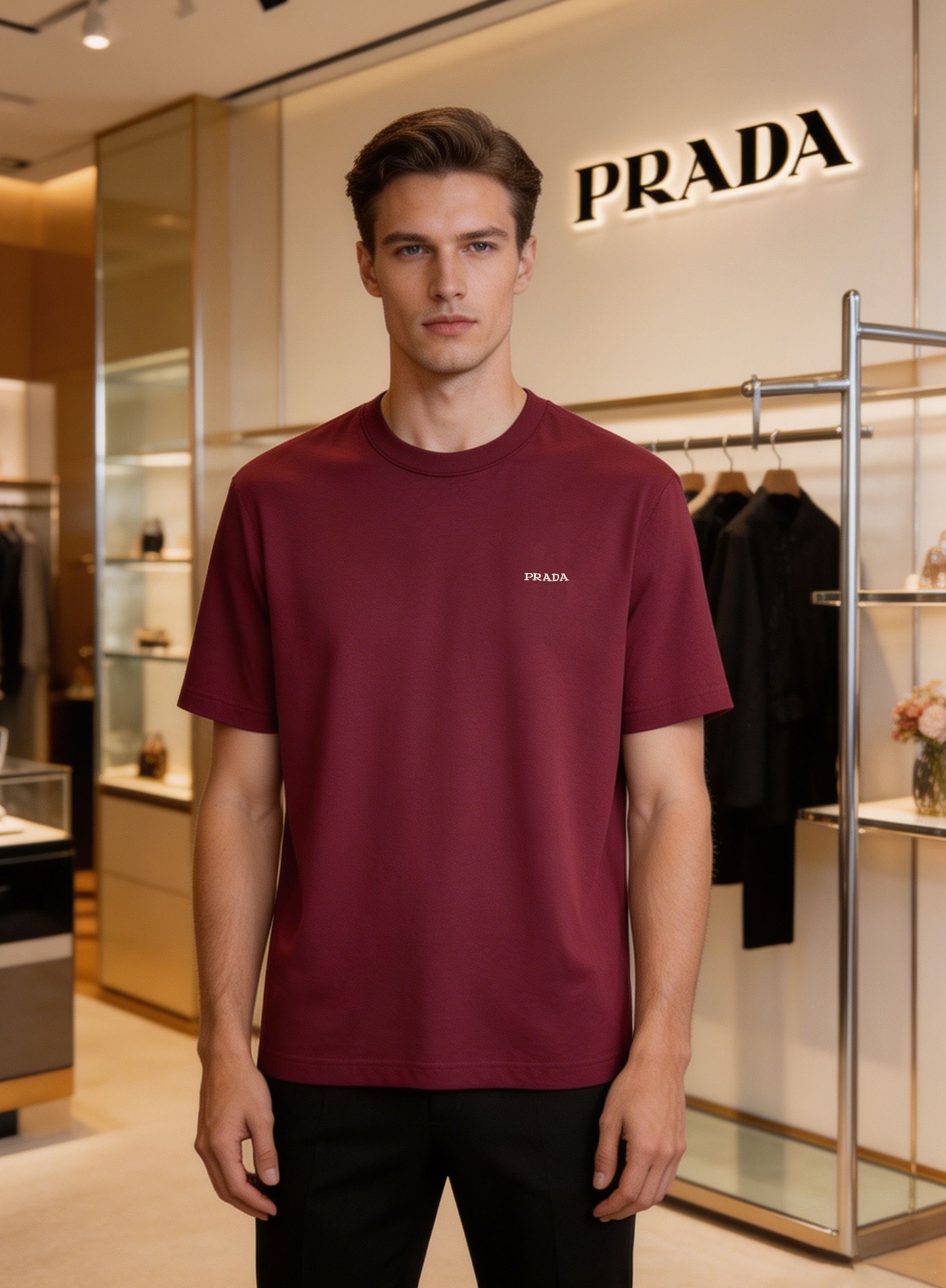 NO:913681,PRADA Prada 26 spring and summer original single T-shirt. The basic model recommends the classic three-dimensional embroidery of letters Prada. It is produced through the 3D three-dimensional process of the high-definition embroidery factory. A classic!  !  !  It uses high-end fabric with physical depth 'SPA' liquid ammonia cotton, which is close-fitting, soft and skin-friendly. It has good breathability!  It feels soft, waxy and delicate. The tight threaded neckline is the best choice for single wear and inner wear. The neckline is neat and delicate and not easy to deform. The craftsmanship is impeccable!  All three standards!  Color black. White. Burgundy. Khaki. Size S-3XL regular version!  (/catties recommended M),, prada, prada, tees, t-shirt,19860909PRADA普拉达26春夏原单T恤.基础款推荐经典字母prada立体刺绣 经由高逼格绣花厂3D立体工艺过程制作.经典之作！！！采用物理深度“SPA”液氨棉高端面料,贴身柔软亲肤.透气性好！手感软糯细腻.单穿内搭首选严密螺纹领口工整细致不易变型,工艺无懈可击！三标齐！颜色黑色.白色.酒红.卡其.码数S-3XL常规版型！（/斤建议M）,,prada,prada,tees，t-shirt,,Men's clothing