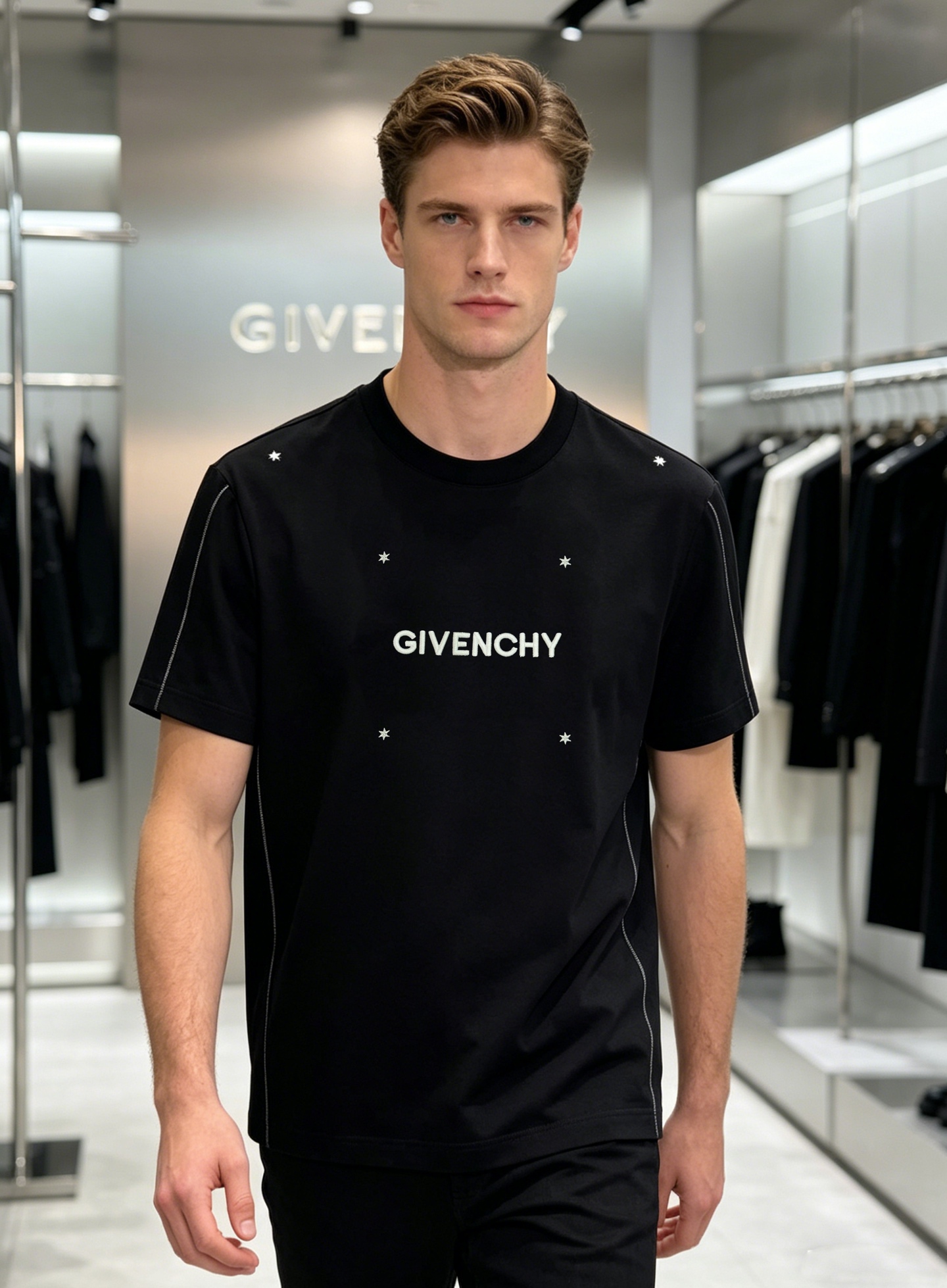 NO:913669,Givenchy's new mercerized cotton T-shirt has a simple design + contrasting logo, which is highly recognizable!  The chest brand Givenchy letters are embroidered with three-dimensional and full embroidery technology, which is full of high-end feeling. The 190g mercerized cotton fabric is soft, breathable, silky and delicate. It is super comfortable to wear in summer ~ the shoulders and both sides of the body are embellished with contrasting lines, and the details are perfect. It can be easily managed in daily casual or street style. Pair it with jeans and sneakers, and you can easily get a sense of fashion. All three standards!  Color Black. White. Size M-3XL slim fit (S and 4XL can be customized)/catties recommended XL,,givenchy,givenchy,sneakers,jeans,tees,t-shirt,19860909Givenchy纪梵希新款丝光棉T恤简约设计+撞色Logo,辨识度超高！胸口品牌Givenchy字母立体饱满刺绣工艺高级感满满.190g丝光棉面料柔软透气,丝滑细腻.夏天穿超舒服～肩部和衣身两侧边撞色线条点缀,细节满分日常休闲或街头风都能轻松驾驭,搭配牛仔裤、运动鞋,轻松get时尚感.三标齐！颜色黑色.白色.码数M-3XL修身版型（S和4XL可订做）/斤建议XL,,givenchy,givenchy,sneakers,jeans,tees，t-shirt,,Men's clothing