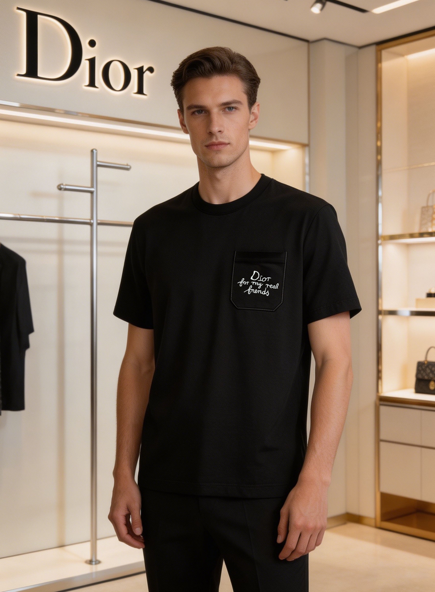 NO:913686,Dior Dior's new mercerized cotton T-shirt. 26s classic logo pocket short sleeves. The original order is recommended to use 190g mercerized cotton, which is soft and skin-friendly and breathable, and super comfortable for daily wear! Small chest pocket + Logo embroidery, 3D three-dimensional. Exquisite, simple and recognizable. It can be worn alone or layered, and can be easily controlled for commuting and leisure. High quality + low-key design, it is LOEWE's iconic item, no matter how you match it, you can't go wrong! All three standards!  Color Black. White. Size M-3XL (S and 4XL can be customized) Slim fit!  /catties recommended XL,, dior, dior, loewe, T-shirt, tees, t-shirt,19860909Dior迪奥新款丝光棉T恤.26s经典Logo口袋短袖.原单推荐采用190g丝光棉,柔软亲肤又透气,日常穿着超舒适!胸前小口袋+Logo刺绣,3D立体.精致简约又有辨识度.单穿or内搭都OK,通勤休闲都能轻松驾驭.高品质+低调设计,是LOEWE标志性单品,怎么搭都不出错!三标齐！颜色黑色.白色.码数M-3XL（S和4XL可订做）修身版型！/斤建议XL,,dior,dior,loewe,T-shirt,tees，t-shirt,,Men's clothing