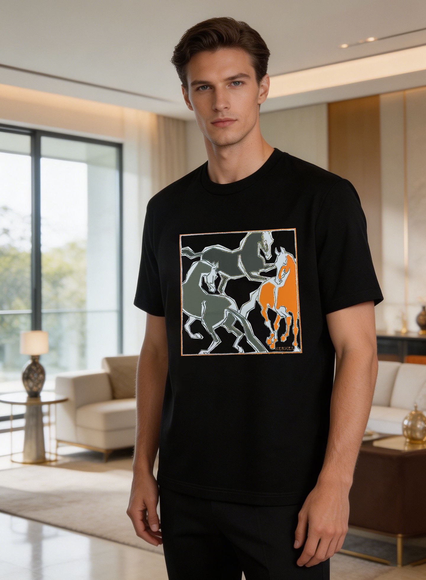 NO:913680,Hermes 26s new mercerized cotton short-sleeved T-shirt is made of high-quality mercerized cotton fabric. It is skin-friendly and breathable, making it super comfortable to wear in summer!  The front is a very artistic Hermès aristocratic element, full of brand story. High-temperature heat transfer and hot-drilling process. Rich colors. Full of fashion sense. It is versatile for daily outings or leisure, and can easily control various styles. The printing uses Japanese Brother direct injection technology, the colors are super bright and breathable, and the attention to detail is a must!  Color Black. Gray. White. Size M-3XL slim fit!  (S and 4XL can be customized)/catties recommended XL, hermes, hermes, T-shirt, tees, t-shirt,19860909Hermes爱马仕26s新款丝光棉短袖T恤,采用高品质丝光棉面料.亲肤透气,夏天穿超舒服！正面是超有艺术感的爱马仕贵族元素,满满品牌故事感高温烫画搭配烫钻工艺.色彩丰富.时尚感满满.日常出街或休闲都很百搭,轻松驾驭各种风格.印花用日本Brother直喷技术,色彩超鲜艳还透气,细节控必入！颜色黑色.灰色.白色.码数M-3XL修身版型！（S和4XL可订做）/斤建议XL,,hermes,hermes,T-shirt,tees，t-shirt,,Men's clothing