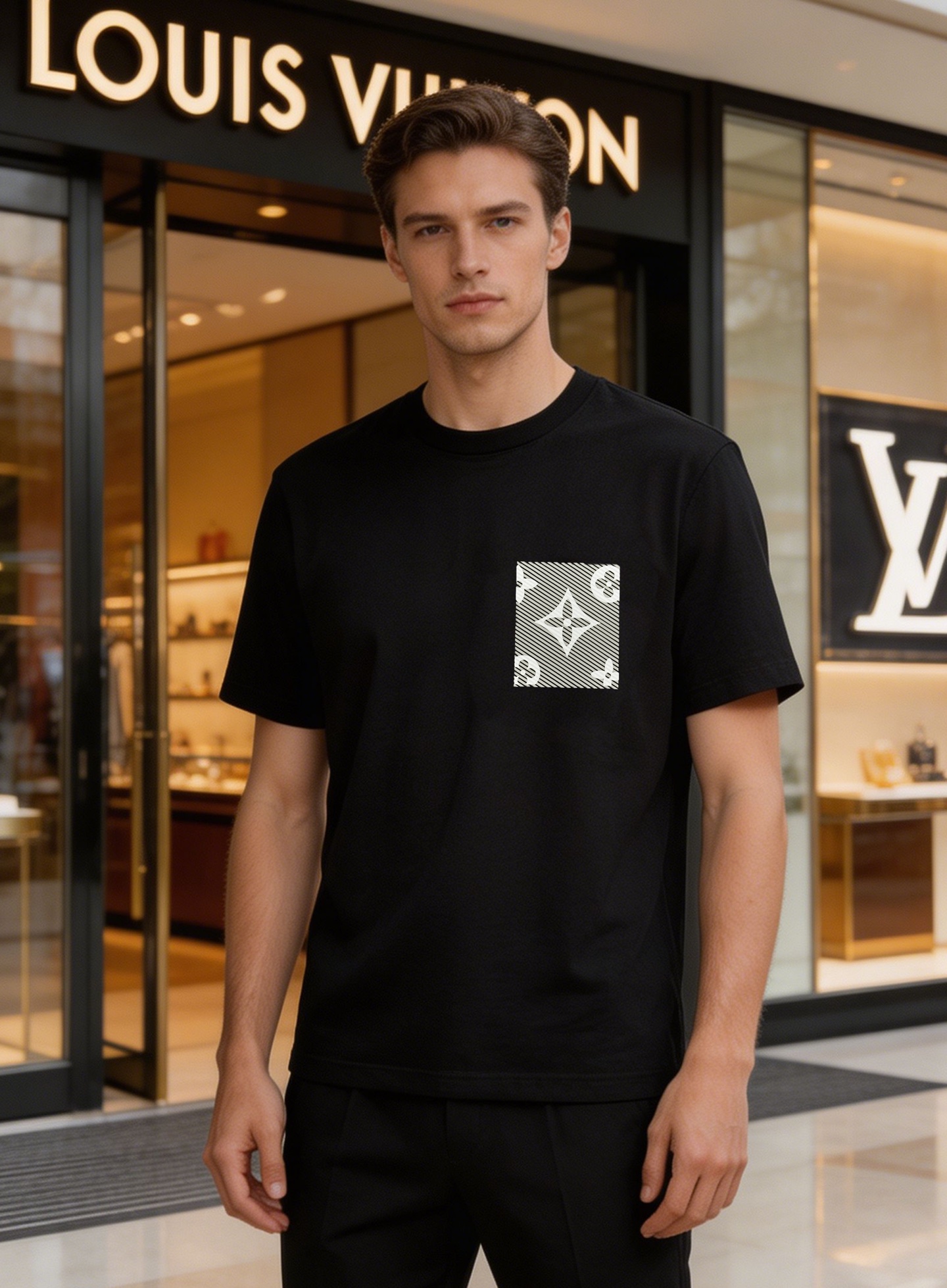 NO:913677,Donkey Brand*LV's new mercerized cotton short-sleeved T-shirt is made of high-quality 190g mercerized cotton, which is soft and breathable, making it super comfortable to wear in summer!  Pure main color, the Monogram pattern on the chest is very recognizable. Classic presbyopic pattern. Full of luxury, the round neck design is simple and versatile, and can be easily used for daily commuting or leisure. The tailoring is slim, slim and tall, and looks great with jeans or casual pants, easily creating a trendy look!  All three standards!  Color Black. White. Navy. Size M-3XL (S and 4XL can be customized) Slim fit/catties recommended XL, louis vuitton, louis vuitton, jeans, T-shirt, tees, t-shirt,19860909驴牌*LV新款丝光棉短袖T恤,采用高品质190g丝光棉,柔软透气,夏天穿超舒服！纯净主色,胸前Monogram图案超有辨识度.经典老花花型.奢华感满满圆领设计简约百搭,日常通勤或休闲都能轻松驾驭.剪裁修身,显瘦又显高,搭配牛仔裤或休闲裤都很出彩,轻松打造潮流造型！三标齐！颜色黑色.白色.藏蓝.码数M-3XL（S和4XL可订做）修身版型/斤建议XL,,louis vuitton,louis vuitton,jeans,T-shirt,tees，t-shirt,,Men's clothing