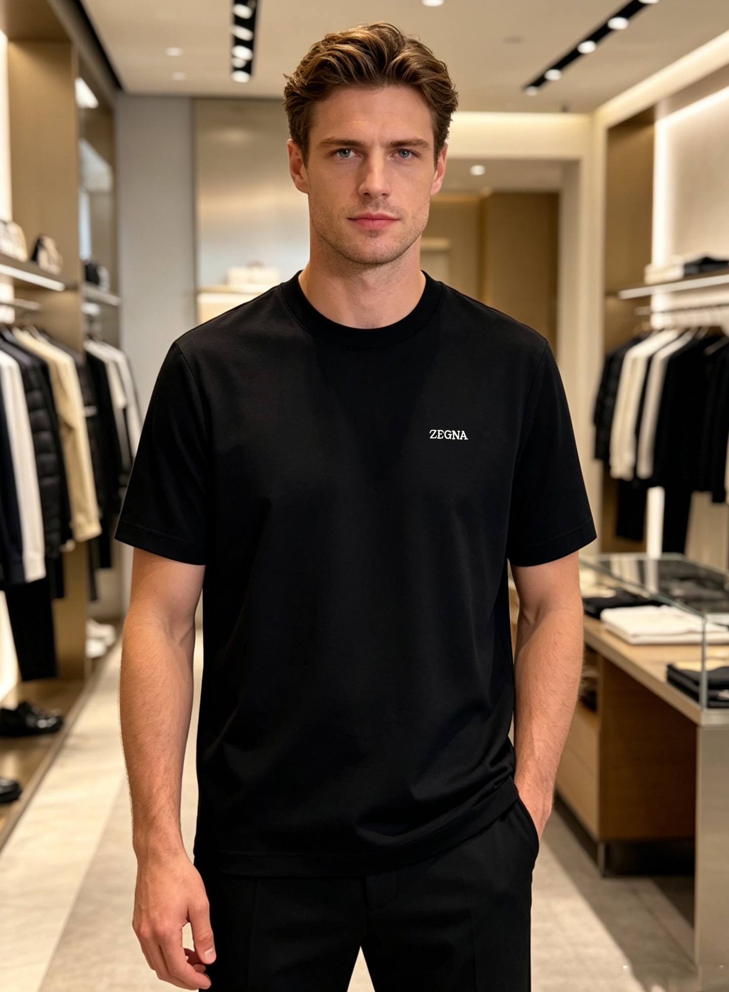 NO:958648,ZEGNA's new liquid ammonia cotton T-shirt. Recommended basic model. The 'respectable responsibility' of men's wardrobe is captured by this Zegna liquid ammonia cotton T-shirt!  High-count cotton blessed with liquid ammonia technology has an icy buff on the upper body. It is silky and soft, wears next to the skin with zero friction, and does not stick to the body even when sweating. The low-key brand embroidery on the chest is three-dimensional and full. It is unobtrusive but has its own recognition. The black/burgundy/white colors are just needed in the wardrobe. The slightly loose and neat version is not picky about the body shape. It is refreshing when worn alone and stylish when layered. It is an 'evergreen style' that can support textured outfits!  Size S-3XL slightly loose (175/catties recommended M),,zegna,tees,t-shirt,19860909ZEGNA杰尼亚新款液氨棉T恤.基础款推荐 男士衣柜的“体面担当”,被这件杰尼亚液氨棉T恤拿捏了！液氨工艺加持的高支棉,上身自带冰感buff,丝滑软糯,贴肤穿零摩擦,出汗也不粘身.胸口低调的品牌刺绣,立体饱满.不张扬却自带辨识度,黑/酒红/白三色都是衣柜刚需款.微宽松的利落版型,不挑身材,单穿清爽、叠穿有型,是能撑起质感穿搭的“常青款”三标齐！码数S-3XL微宽松（175/斤建议M）,,zegna,tees，t-shirt,,Men's clothing