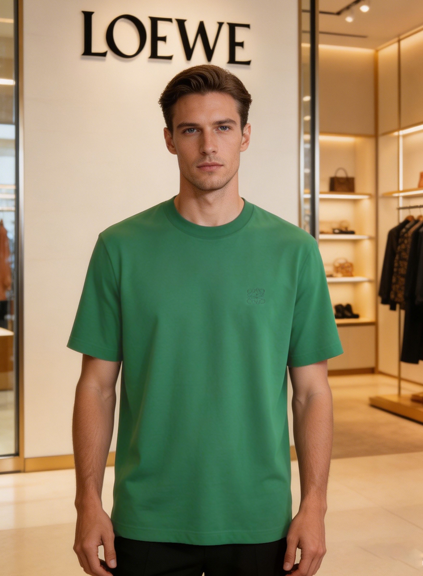NO:913674,Loewe's new round-neck T-shirt. The original order recommends high-count combed cotton with liquid ammonia finishing process. Compared with ordinary cotton T-shirts, the fabric is smoother and wrinkle-resistant, with a soft and advanced matte luster. It also retains the breathability and hygroscopicity of cotton, which is not easy to deform or stiffen after long-term washing. The exquisite Anagram embroidery on the chest is Loewe's signature low-key detail. It is simple and durable, not exaggerated or obtrusive, and is a person who understands.  You can only get the sense of high-end. The classic round neck + slightly loose straight version, modify the shoulder line and figure, neat and not sloppy, suitable for various dressing scenes, regardless of gender and age. The colors are classic black/retro purple/forest green/pure white, all versatile and easy to create a simple and high-end sense. It can be used for daily outings and light business, and it is an 'evergreen style' that can be worn in the wardrobe for many years!  Size S-3XL slightly loose (/catties recommended M), loewe, loewe, tees, t-shirt,19860909Loewe罗意威新款圆领T恤.原单推荐采用液氨整理工艺的高支精梳棉,相比普通棉T恤,面料更丝滑抗皱,自带柔和高级的哑光光泽,同时保留棉的透气吸湿性,久洗不易变形、发硬.胸口精致的Anagram刺绣,是罗意威标志性的低调细节,简约耐看,不浮夸不突兀,是懂的人才能get的高级感.经典圆领+微宽松直筒版型,修饰肩线与身材,利落不拖沓,适配各种穿搭场景,不挑性别与年龄.颜色经典黑/复古紫/森林绿/纯净白,都是百搭不出错的配色,轻松打造简约高级感.日常出街、轻商务都能hold住,是衣柜里可以穿很多年的“常青款”三标齐！码数S-3XL微宽松（/斤建议M）,,loewe,loewe,tees，t-shirt,,Men's clothing