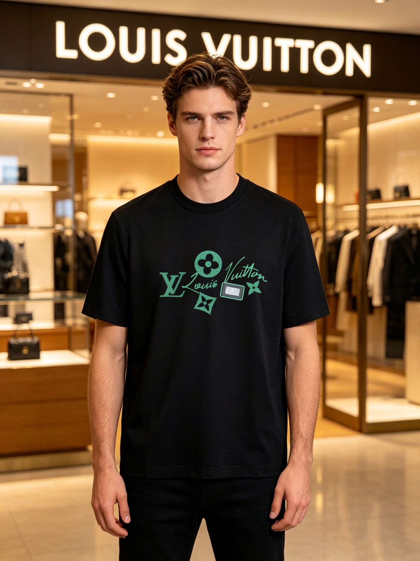 NO:915522,Donkey Brand*Louis Vuitton's summer relaxation is hidden in this mercerized cotton T-shirt. The high-count 190g mercerized cotton comes with a soft light filter. The upper body is smooth and breathable, and it has a cool feeling without being sweaty. The green LV logo print on the chest is low-key but instantly recognizable, bringing classic presbyopic elements into daily life, commuting, dating, and vacationing.  All in one piece, decent and comfortable. Customized threads, treated with mercerization process, the fabric is as smooth and shiny as silk, anti-wrinkle and washable, and not easy to deform after long-term wear. Classic round neck + neat silhouette, black/white/grey three colors available, can support the texture when worn alone, and the sense of high-end is hidden in every detail. All three standards!  Size M-3XL slim fit (S and 4XL can be customized) 175/145 pounds recommended XL,, louis vuitton, louis vuitton, louis vuitton, tees, t-shirt,19860909驴牌*路易威登的夏日松弛感,藏在这件丝光棉T恤里.高支190g丝光棉自带柔光滤镜,上身顺滑透气,自带凉感不闷汗.胸前的绿色LV标识印花,低调却一眼可辨,把经典老花元素揉进日常,通勤、约会、度假一件搞定,体面又自在.定制螺纹,经过丝光工艺处理,面料像丝绸般莹润有光泽,抗皱耐洗,久穿也不易变形.经典圆领+利落版型,黑/白/灰三色可选,单穿内搭都能撑起质感,高级感藏在每一处细节里.三标齐！码数M-3XL修身版型（S和4XL可订做）175/145斤建议XL,,louis vuitton,louis vuitton,louis vuitton,tees，t-shirt,,Men's clothing