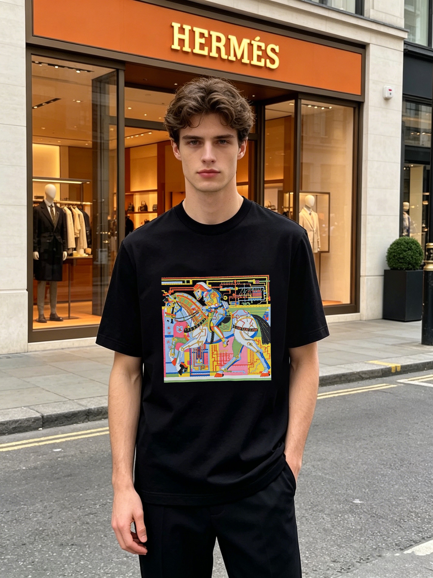 NO:915520,Hermes' new knight romance is hidden in this mercerized cotton T-shirt. The high-count 190g mercerized cotton comes with a soft light filter. The upper body is smooth and breathable, and it has a cool feeling without sweating. The iconic knight print on the chest puts the scarf art on the body. The color is bright and high-end. It can be used for commuting, dating, and vacation. It is low-key and recognizable. High-temperature heat transfer and hot rhinestone technology. 1  A Hermès T-shirt will keep you looking decent all summer. The classic knight print is derived from the brand's iconic silk scarf pattern, and the color is full without being exaggerated. The high-count mercerized cotton fabric has been treated with mercerization technology and has a sense of drape and luster. It is anti-wrinkle and washable, and it is not easy to deform after long-term wear. Available in black/white/grey, it can support the texture when worn alone and wear it with French relaxation. All three standards are met!  Size M-3XL slim fit (S and 4XL can be customized) 175/145 pounds recommended XL, hermes, hermes, tees, t-shirt,19860909Hermes新款爱马仕的骑士浪漫,藏在这件丝光棉T恤里.高支190g丝光棉自带柔光滤镜,上身顺滑透气,自带凉感不闷汗.胸前标志性的骑士印花,把丝巾艺术穿在了身上,色彩鲜亮又高级,通勤、约会、度假一件搞定,低调又有辨识度.高温烫画叠加烫钻工艺.一件爱马仕T恤,撑起整个夏天的体面.经典骑士印花,源自品牌标志性的丝巾图案,色彩饱满又不浮夸.高支丝光棉面料,经过丝光工艺处理,自带垂坠感和光泽感,抗皱耐洗,久穿也不易变形.黑/白/灰三色可选,单穿内搭都能撑起质感,把法式松弛感穿在身上.三标齐！码数M-3XL修身版型（S和4XL可订做）175/145斤建议XL,,hermes,hermes,tees，t-shirt,,Men's clothing