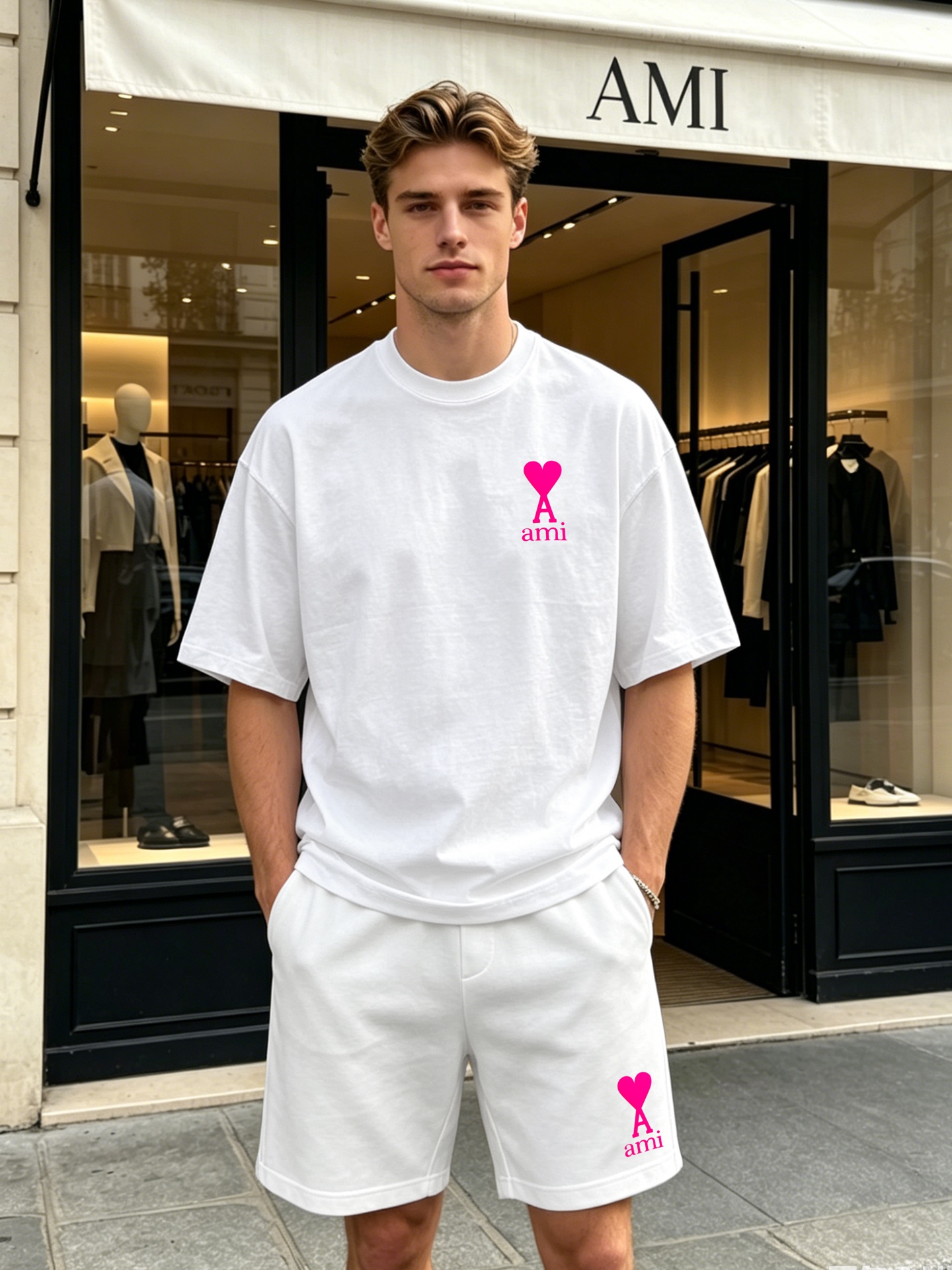 NO:866459,AMI Paris fluorescent heart logo pure cotton T-shirt. The same style for men and women and can be paired with shorts to complete the set. Recommended!  The relaxed romance of the streets of Paris is condensed on the fluorescent love logo on the chest. The high-count heavyweight pure cotton fabric is selected, soft and breathable to the touch, and the upper body has its own silhouette texture, saying goodbye to being soft and shapeless. The fluorescent flocking process reproduces the brand's classic love A logo, breaking out of color and bringing eye-catching buffs. Available in black/white, it is easy to capture the French youthful atmosphere, and it can become a highlight of the style when worn alone or layered. All three standards!  Size S-3XL slightly expanded version (/145 catties recommended L), shorts, tees, t-shirt,19860909AMI Paris荧光爱心标纯棉T恤.男女同款可搭配短裤成套推荐！将巴黎街头的松弛浪漫,凝于胸前的荧光爱心标识之上.甄选高支重磅纯棉面料,触感软糯透气,上身自带廓形质感,告别软塌没型.荧光植绒工艺复刻品牌经典爱心A标,跳脱色彩自带吸睛buff,黑/白两色可选,轻松拿捏法式少年感氛围,单穿叠搭都能成为造型亮点.三标齐！码数S-3XL微扩版型（/145斤建议L）,,shorts,tees，t-shirt,,Men's clothing