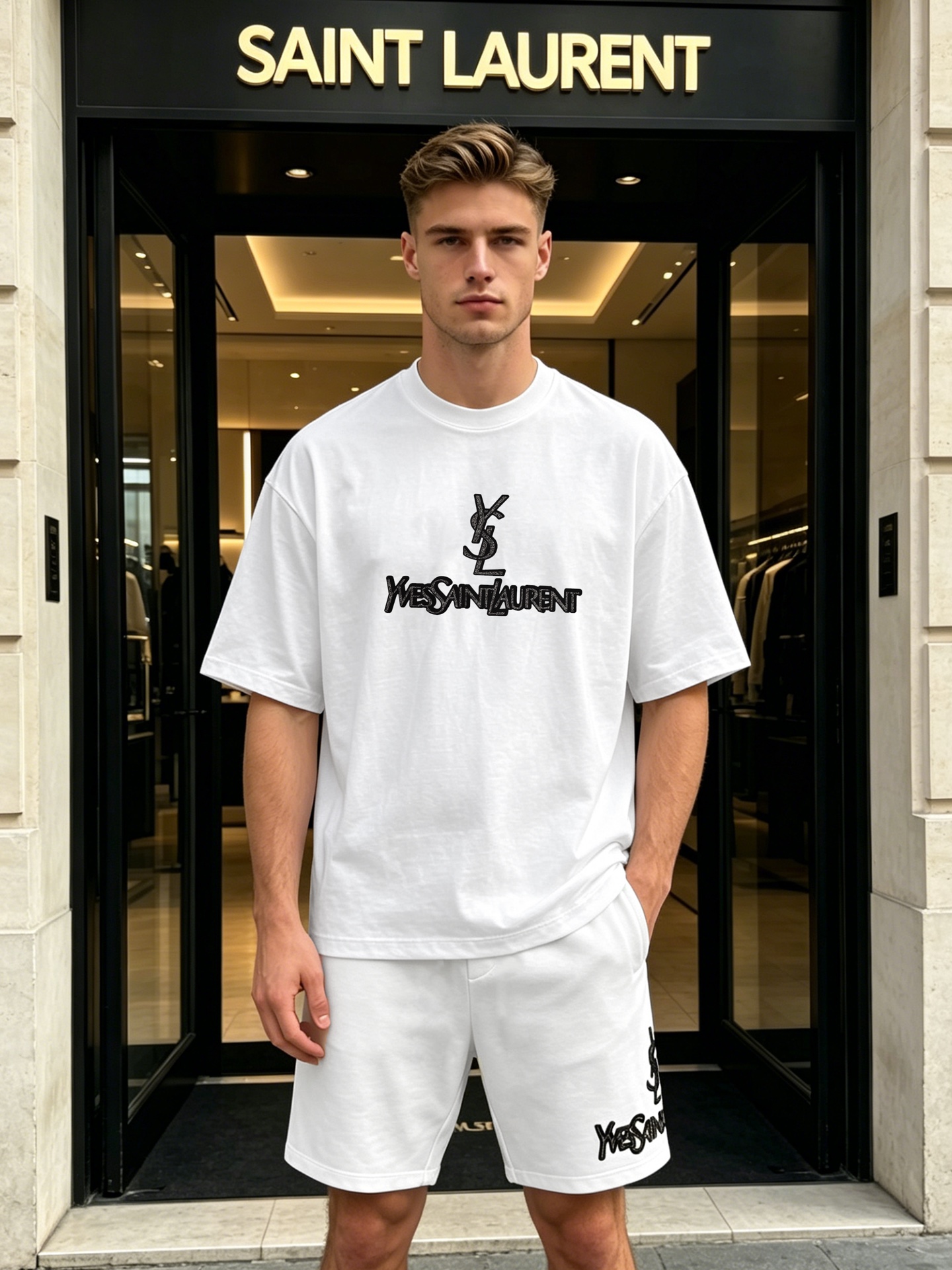 NO:866446,YSL Saint Laurent's new pure cotton T-shirt. The same style for men and women. It can be paired with shorts and is recommended as a set!  The avant-garde aesthetics of the Left Bank of Paris are condensed on the golden logo on the chest. High-count heavyweight pure cotton fabrics are selected, which are soft and breathable to the touch. The upper body has its own silhouette texture, saying goodbye to being floppy and shapeless. The hot stamping glitter process reproduces the brand's classic logo, low-key and high-gloss, and is available in black/white. It is easy to capture the French cool atmosphere, and it can become the highlight of the style when worn alone or layered. All three standards!  Size S-3XL slightly expanded version (/145 pounds recommended L), saint laurent, saint laurent, shorts, tees, t-shirt,19860909YSL圣罗兰新款纯棉T恤.男女同款可搭配短裤成套推荐！将巴黎左岸的先锋美学,凝于胸前的金闪标识之上.甄选高支重磅纯棉面料,触感软糯透气,上身自带廓形质感,告别软塌没型.烫金闪粉工艺复刻品牌经典Logo,低调中自带高光,黑/白两色可选,轻松拿捏法式酷飒氛围,单穿叠搭都能成为造型亮点.三标齐！码数S-3XL微扩版型（/145斤建议L）,,saint laurent,saint laurent,shorts,tees，t-shirt,,Men's clothing