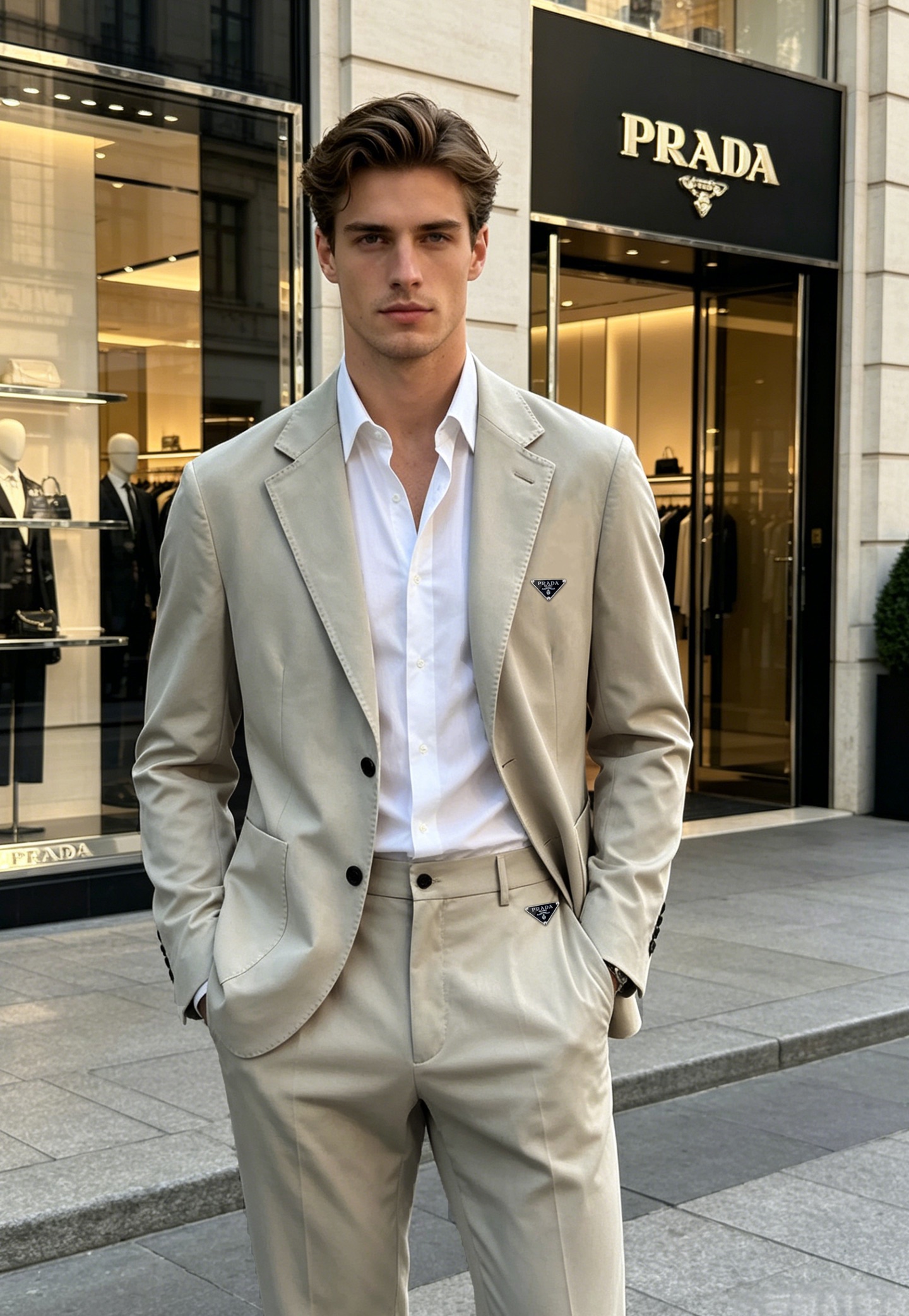 NO:866445,Prada’s new suit is full of British style for spring and summer!  The sporty casual suit is neatly cut, simple and elegant!  Classic slim fit, the classic triangular iron logo on the left chest is very recognizable!  It is made of high-quality cool fabric (elastic nylon) that is soft and crisp, comfortable to wear and very elegant. The elastic design concept coexists comfort, sports and business leisure!  The straight-leg design of the trousers has neat lines and a simple and elegant overall style, making it easy to create a high-end look!  All three standards!  Color black. Brown. Navy blue. Apricot. Size M-3XL slim fit!  (4XL can be customized)/140 pounds recommended L,, prada, prada, business suit,19860909Prada普拉达新款西装套装,春夏款英伦风十足！可运动的休闲套西剪裁利落,简约大气！经典修身剪裁,左胸经典三角铁标logo超有辨识度！采用高品质冰爽面料（弹力锦纶）柔软又挺括,穿着舒适还很显气质弹力设计理念舒适运动与商务休闲并存！裤装直筒设计,线条利落,整体简约大气,轻松打造高级感穿搭！三标齐！颜色黑色.咖色.藏蓝.杏色.码数M-3XL修身版型！（4XL可订做）/140斤建议L,,prada,prada,business suit,,Men's clothing