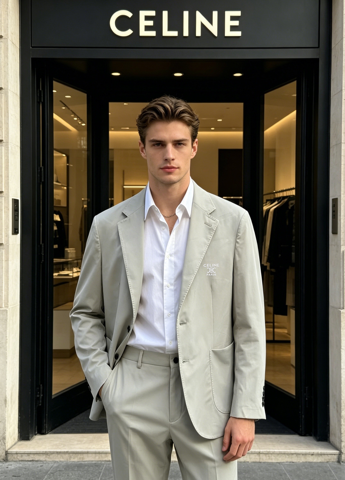 NO:866458,CELINE's new suit, full of British style for spring and summer!  The sporty casual suit is neatly cut, simple and elegant!  Classic slim fit, the classic letter logo on the left chest is very recognizable!  It is made of high-quality cool fabric (elastic nylon) that is soft and crisp, comfortable to wear and very elegant. The elastic design concept coexists comfort, sports and business leisure!  The straight-leg design of the trousers has neat lines and a simple and elegant overall style, making it easy to create a high-end look!  All three standards!  Color black. Brown. Navy blue. Apricot. Size M-3XL slim fit!  (4XL can be customized)/140 pounds recommended L,,celine,business suit,19860909CELINE新款西装套装,春夏款英伦风十足！可运动的休闲套西剪裁利落,简约大气！经典修身剪裁,左胸经典字母logo超有辨识度！采用高品质冰爽面料（弹力锦纶）柔软又挺括,穿着舒适还很显气质弹力设计理念舒适运动与商务休闲并存！裤装直筒设计,线条利落,整体简约大气,轻松打造高级感穿搭！三标齐！颜色黑色.咖色.藏蓝.杏色.码数M-3XL修身版型！（4XL可订做）/140斤建议L,,celine,business suit,,Men's clothing