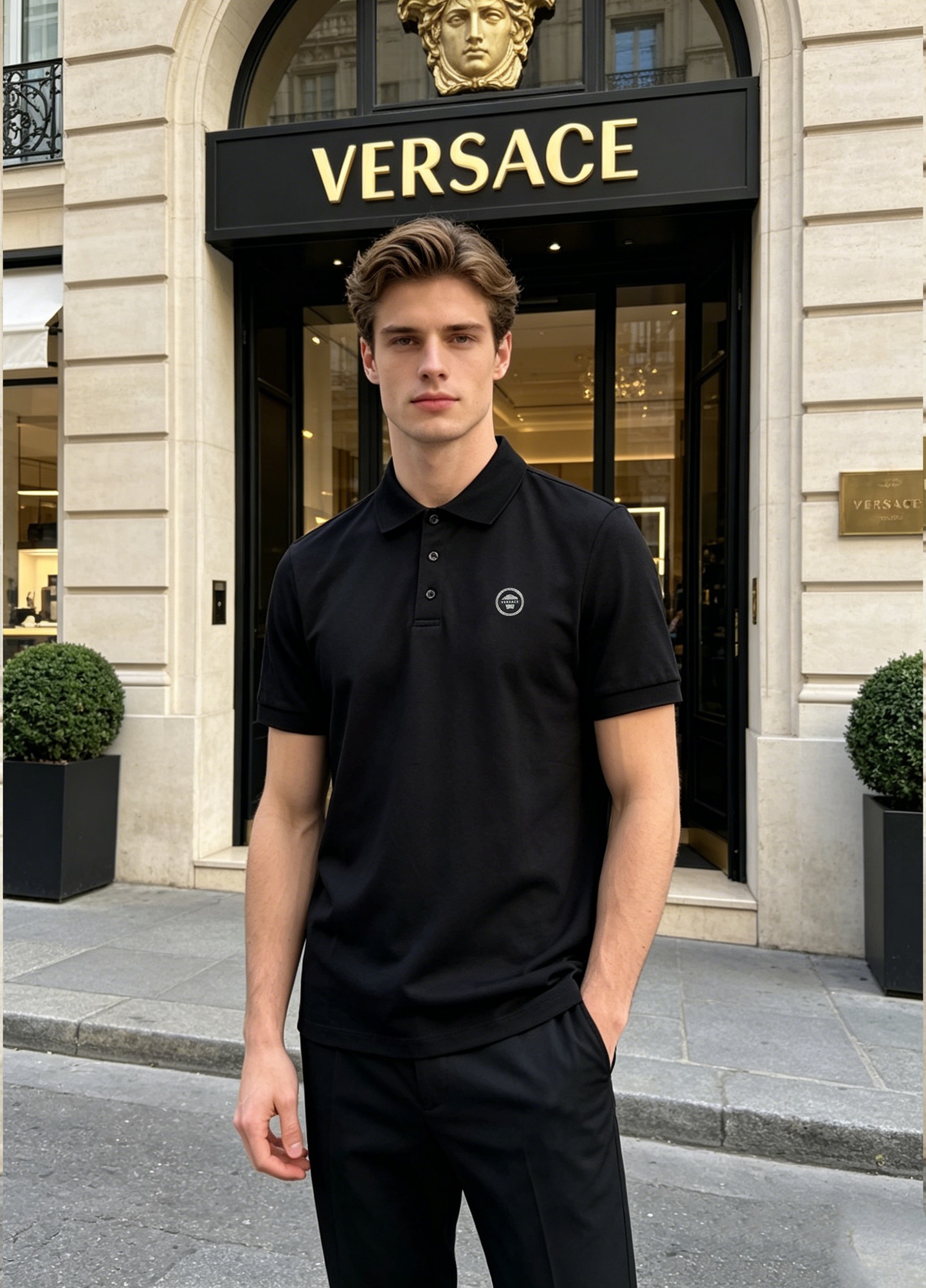 NO:913690,Versace Versace 2026s new lapel polo. Basic model recommended. Casual casual match for business. Classic Medusa letter graphics on the chest. High-temperature heat transfer brand graphic design. Original consistent customized high-weight thread. 100% mercerized cotton double pique fabric. Soft and comfortable. Cool and comfortable to wear in summer. Original hardware buttons. Complete three labels. Soft and comfortable fabric. Crisp and stylish!  All three standards!  Color Black. White. Size M-3XL (S and 4XL can be customized) Slim fit!  /jin recommended L,,versace,versace,19860909Versace范思哲2026s新款翻领polo.基础款推荐.商务休闲随意搭配.胸前经典美杜莎字母图形.高温烫画品牌图形设计.原版一致定制高克重螺纹.百分百丝光棉双珠地面料 .柔软舒适.夏季穿着凉爽舒服.原版五金辅料纽扣.三标齐全.面料柔软舒适.挺括有型！三标齐！颜色黑色.白色.码数M-3XL（S和4XL可订做）修身版型！/斤建议L,,versace,versace,,Men's clothing
