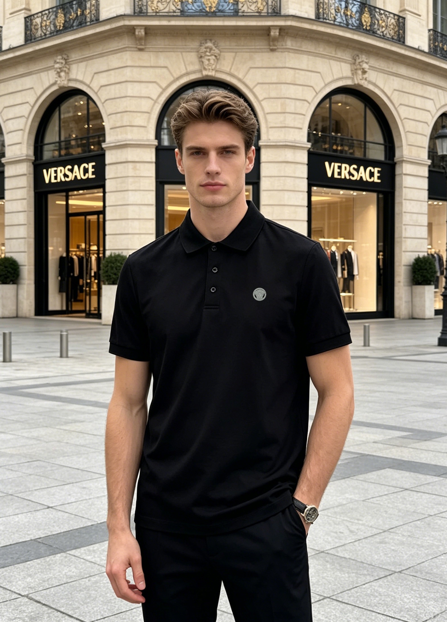 NO:915538,Versace Medusa piqué cotton Polo shirt | Black and white selection, full of luxury and aura. Italian craft-grade mercerized piqué cotton is selected. The breathable mesh texture integrates Versace's luxurious aesthetics into daily life. The low-saturated Medusa logo on the chest uses delicate craftsmanship to present the brand's classic symbol, not deliberately but full of style. Slightly loose straight cut, suitable for commuting and leisure scenes, one black and one white, you can wear it decently all summer. All three standards!  Size M-3XL (S and 4XL can be customized) Slim fit 175/140 pounds recommended L, versace,19860909Versace美杜莎珠地棉Polo衫 | 黑白双选,奢雅气场拉满甄选意大利工艺级丝光珠地棉,自带呼吸感的网眼肌理,将Versace的奢华美学融入日常.胸前低饱和美杜莎徽标,以细腻工艺呈现品牌经典符号,不刻意却尽显格调.微宽松直筒剪裁,适配通勤与休闲场景,一黑一白,承包你整个夏天的体面穿搭.三标齐！码数M-3XL（S和4XL可订做）修身版型175/140斤建议L,,versace,,Men's clothing