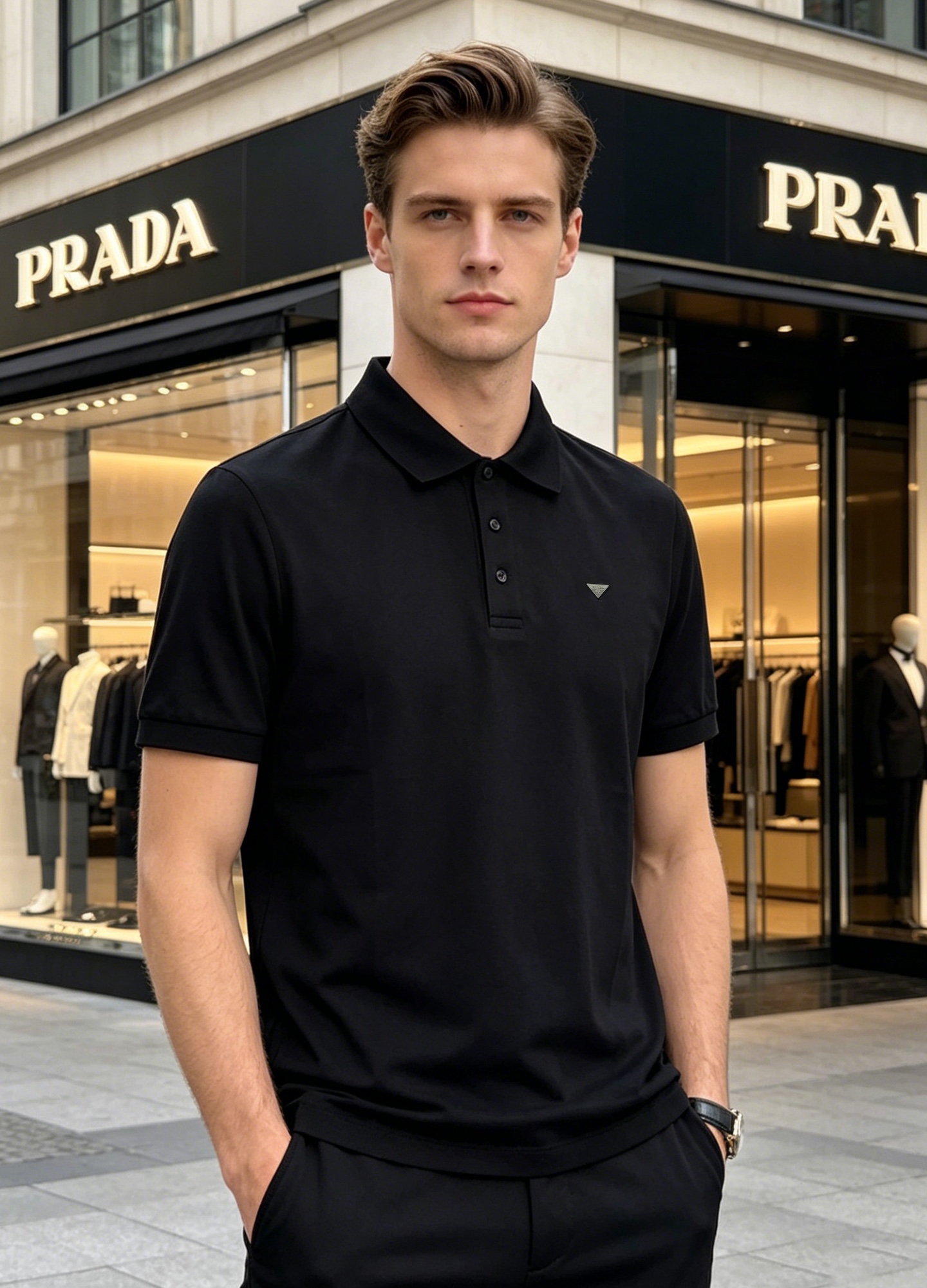 NO:915535,Prada Triangle Logo Pique Cotton Polo Shirt | Available in black and white, minimalist and elegant. The Italian craft-grade mercerized piqué cotton is selected, and the breathable mesh texture integrates Prada's minimalist aesthetics into daily life. The iconic metal triangle logo on the chest interprets the brand's genes with neat lines, not deliberately but full of style. Slightly loose straight cut, suitable for commuting and leisure scenes, one black and one white, you can wear it decently all summer. All three standards!  Size M-3XL (S and 4XL can be customized) Slim fit 175/140 pounds recommended L,, prada, prada,19860909Prada普拉达三角标珠地棉Polo衫 | 黑白双选,极简奢雅.甄选意大利工艺级丝光珠地棉,自带呼吸感的网眼肌理,将Prada的极简美学融入日常.胸前标志性金属三角标,以利落线条诠释品牌基因,不刻意却尽显格调.微宽松直筒剪裁,适配通勤与休闲场景,一黑一白,承包你整个夏天的体面穿搭.三标齐！码数M-3XL（S和4XL可订做）修身版型175/140斤建议L,,prada,prada,,Men's clothing