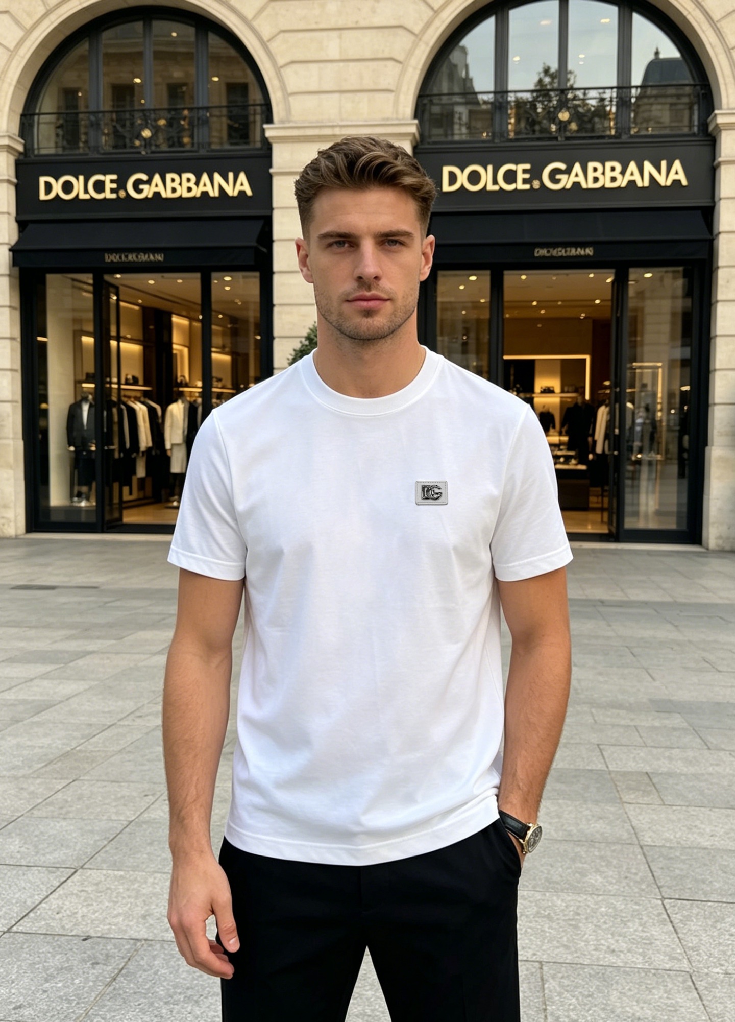 NO:866416,D&G Dolce & Gabbana's new round neck T-shirt. Recommended basic model!  Italian luxury and minimalist work - DG's classic metal square logo embellishes the body, low-key highlighting the brand style. The high-count ice cotton blended fabric is selected to have a cool drape, breathable and anti-wrinkle, and the fitted round neck tailoring modifies the body shape. It can be used for commuting and leisure, and can be worn easily and elegantly.  It has a gentlemanly aura. The brand leather label is used on the chest to present the three-dimensional appearance. It is full of exquisiteness and high-end. It is made of customized 240g ice cotton fabric, which has a strong sense of lightness on the upper and lower back. The silky and skin-friendly soft texture has excellent breathability... A must-have for cool summer!  Simple and not exaggerated, it is just in demand by big brands. It has fine ice cotton with a soft light texture. The three-dimensional hardware logo is solid in workmanship. The black and white two-color classic are versatile. Taking into account both texture and comfort, it is a timeless basic model for men's wardrobe. All three standards are met!  Color black. White. Size M-3XL slim fit!  (S and 4XL can be customized)/catties recommended L,, Dolce&Gabbana, Dolce&Gabbana, tees, t-shirt,19860909D&G杜嘉班纳新款圆领T恤.基础款推荐！意式奢雅极简之作-DG经典金属方标点缀衣身,低调彰显品牌格调.甄选高支冰棉混纺面料,凉感垂坠、透气抗皱,合身圆领剪裁修饰身形,通勤休闲皆可驾驭,轻松穿出精致绅士气场.胸口采用品牌皮标立体呈现.精致高级感满满～采用定制240g冰棉面料,上身后的轻盈感很强,丝滑亲肤柔软的质地具备出色的透气性....凉爽夏季必备款！简约不浮夸的大牌刚需款,细腻冰棉自带柔光质感,立体五金Logo做工扎实,黑白双色经典百搭,兼顾质感与舒适度,是男士衣橱永不过时的基础款.三标齐！颜色黑色.白色.码数M-3XL修身版型！（S和4XL可订做）/斤建议L,,Dolce&Gabbana,Dolce&Gabbana,tees，t-shirt,,Men's clothing