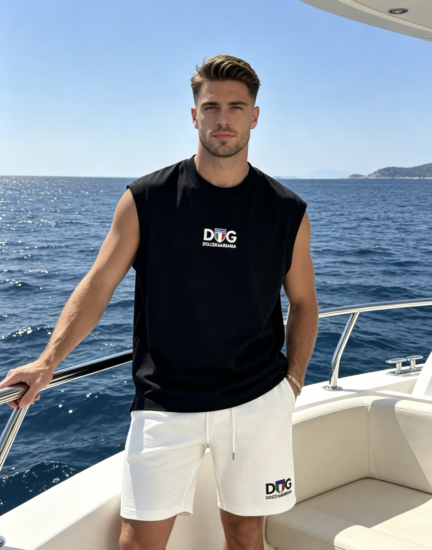 NO:938288,Tops and trousers Italian high-end ice sleeveless vest | D&G classic Italian shield badge. Made of ice-surface nylon and cotton fabric, it feels cool to the skin, so there is no stuffiness when traveling on a yacht in midsummer. Loose and slightly wide tailoring, side slit details optimize the proportion of the upper body, and do not block shoulders or restrict. Three-dimensional offset printed ITALIA three-color shield logo, exquisite workmanship, black and white charcoal gray three colors optional!  Wear it casually and neatly alone, pair it with shorts from the same series, and the whole set will create a light luxury casual style at sea. All three standards are met!  Size S-3XL slightly expanded version (L recommended for 145 pounds), Dolce&Gabbana, shorts,19860909上衣.裤子 意式高阶冰面无袖背心｜D&G经典意盾徽章.甄选冰面锦棉面料,触肤自带凉感,盛夏游艇出行零闷热.宽松微阔剪裁,侧开叉细节优化上身比例,不卡肩不束缚.立体胶印ITALIA三色盾标,精工不掉标,黑白炭灰三色任选！单穿随性利落,搭配同系列五分短裤,一整套打造海上轻奢休闲风.三标齐！码数S-3XL微扩版型（/145斤建议L）,,Dolce&Gabbana,shorts,,Men's clothing