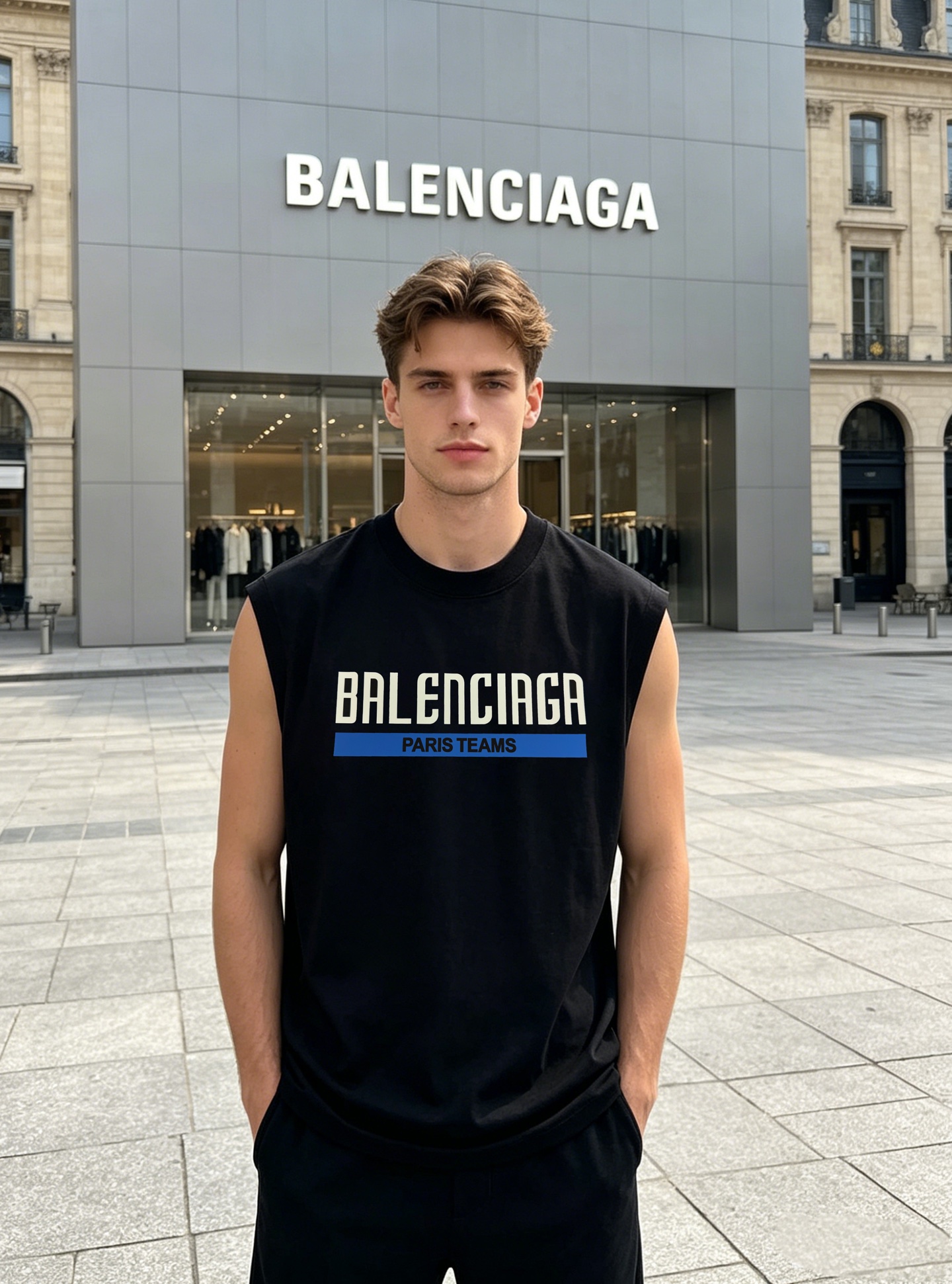 Balenciaga巴黎世家Paris Teams系列无袖背心，黑白两色可选，超舒适凉爽冰棉材质，穿着舒