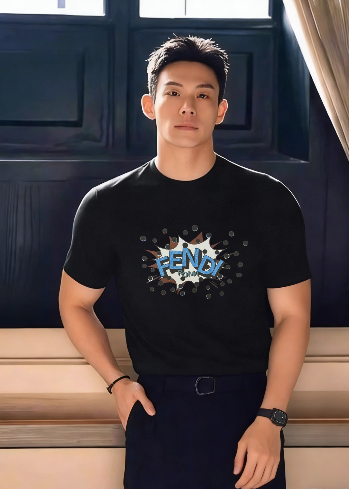NO:916478,Fendi Fendi 26s new mercerized cotton T-shirt. Made of super comfortable summer 190g mercerized cotton fabric. Customized thread. Soft and skin-friendly, super comfortable to wear in summer!  There is a super eye-catching comic-style 'FENDI ROMA' print on the front, which is full of vitality. The highly recognizable right-shoulder version modifies the shoulder lines. The round neck design is simple and versatile, and can be easily worn in daily casual wear. The navy blue is white and stain-resistant. Pair it with light-colored or same-color items, and you can easily get a high-end look with all three standards!  Color Black. White. Navy. Size M-3XL (S and 4XL can be customized) Slim fit/145 pounds recommended XL,, fendi, fendi, tees, t-shirt,19860909Fendi芬迪26s新款丝光棉T恤.采用超舒适夏季190g丝光棉面料.定织螺纹.柔软亲肤,夏天穿超舒服！正面有超吸睛的漫画风“FENDI ROMA”印花,活力满满,辨识度超高正肩版型修饰肩部线条,圆领设计简约百搭,日常休闲都能轻松驾驭.藏蓝色显白又耐脏,搭配浅色或同色系单品,轻松get高级感穿搭三标齐！颜色黑色.白色.藏蓝.码数M-3XL（S和4XL可订做）修身版型/145斤建议XL,,fendi,fendi,tees，t-shirt,,Men's clothing