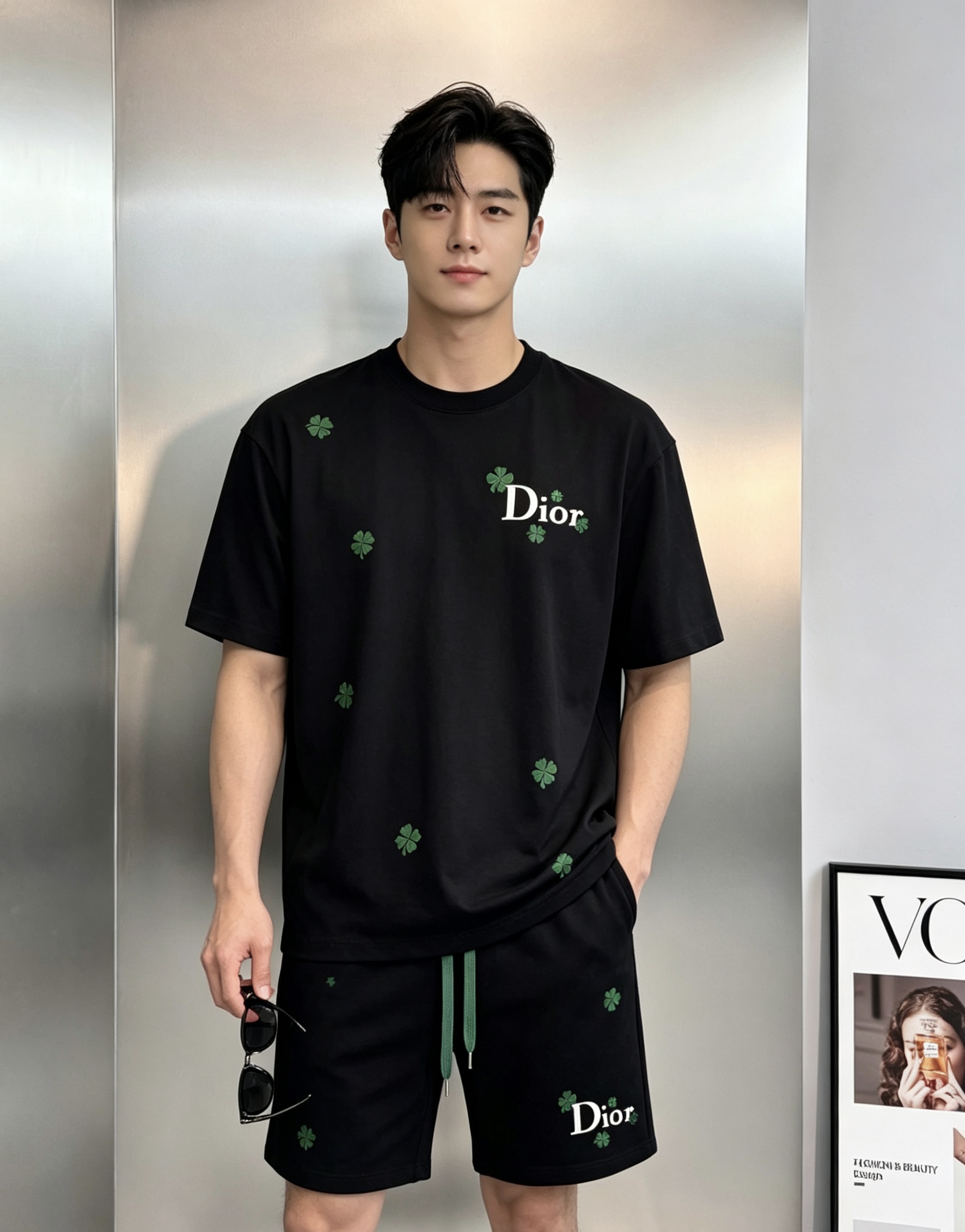 一套 Dior迪奥2026春夏新款夏季套装.男女同款❤️短袖T恤+短裤套装，黑白主色调搭配绿色四叶草刺绣