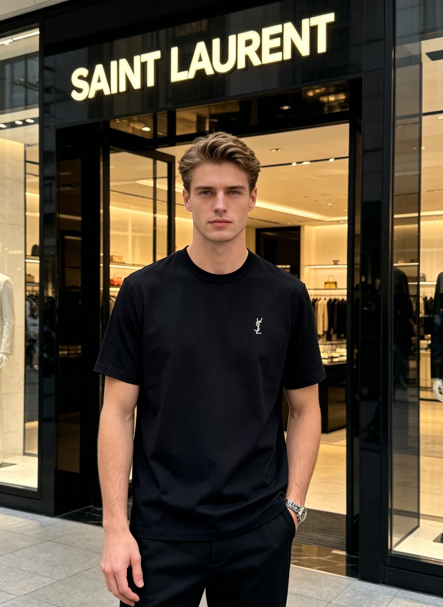NO:915529,Saint Laurent 26s new mercerized cotton short-sleeved T-shirt. The basic model is recommended to use high-quality mercerized cotton with customized threads. It is soft and breathable, and is super comfortable to wear in summer!  White embroidered logo on the chest, simple and recognizable round neck + straight shoulder cut, modified shoulder lines, suitable for all body types. The black color is versatile, it can be easily worn in daily casual or street style, and it looks great with jeans and overalls!  Saint Laurent's sense of fashion and quality are really worth buying - all three!  Color Black. White. Size M-3XL slim fit (S and 4XL can be customized) 175/145 pounds recommended XL, saint laurent, saint laurent, jeans, T-shirt, tees, t-shirt,19860909Saint Laurent圣罗兰26s新款丝光棉短袖T恤,基础款推荐采用高品质丝光棉,定制螺纹.柔软透气,夏天穿超舒服！胸前白色刺绣Logo,简约又有辨识度圆领+正肩剪裁,修饰肩部线条,适合各种身材.黑色百搭,日常休闲或街头风都能轻松驾驭,搭配牛仔裤、工装裤都很出彩！Saint Laurent的时尚感和品质感,真的很值得入手～三标齐！颜色黑色.白色.码数M-3XL修身版型（S和4XL可订做）175/145斤建议XL,,saint laurent,saint laurent,jeans,T-shirt,tees，t-shirt,,Men's clothing