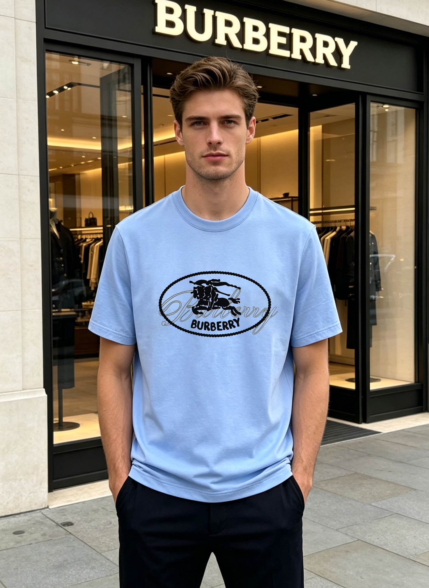 NO:913666,Burberry26s new knight print T-shirt is made of mercerized cotton, soft and comfortable, and very friendly for daily wear. It has a knight's war horse on the front. It is full of British style and highly recognizable. The classic round neck is versatile and easy to wear. It is OK whether worn alone or layered with it!  With exquisite details and neat tailoring, it is Burberry’s iconic item, combining both quality and design, while being both fashionable and practical!  Color black. Aqua blue wine red. White. Size M-3XL slim fit (S and 4XL can be customized)/catties recommended XL, burberry, tees, t-shirt,19860909Burberry26s新款骑士印花T恤,采用丝光棉材质,柔软舒适,日常穿着超友好.正面骑士战马.英伦风满满,辨识度超高经典圆领百搭不挑人,无论单穿还是内搭都很OK！细节精致,剪裁利落,是Burberry标志性单品,品质与设计感兼具,时尚实用两不误三标齐！颜色黑色.水蓝酒红.白色.码数M-3XL修身版型（S和4XL可订做）/斤建议XL,,burberry,tees，t-shirt,,Men's clothing