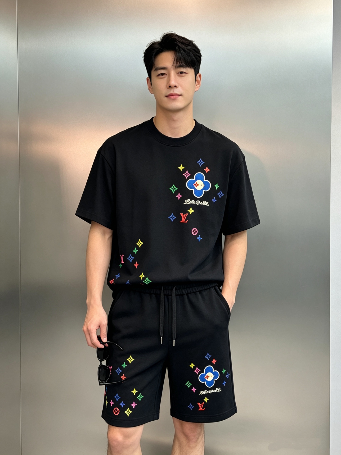 NO:933394,A set of high-quality LV casual two-piece set｜Louis Vuitton summer shorts set is recommended to be worn on the body with high-end looseness. Heavy-duty color high-temperature pyrography with four-leaf flowers, full of contrasting colors for maximum recognition!  Heavy cotton material is soft and skin-friendly, refreshing and non-sticky in summer. Elastic drawstring shorts + loose short sleeves, friendly to all body types!  Black and white two-color versatile, boys' summer suits, sizes M-3XL regular version (/140 pounds recommended L), louis vuitton, louis vuitton, shorts, T-shirt,19860909一套 高质感LV休闲两件套｜路易威登夏季短裤套装推荐把高级松弛穿在身上.重工彩色高温烫画四叶花,撞色满印辨识度拉满！重磅棉料软糯亲肤,夏天穿清爽不粘身.松紧抽绳短裤+宽松短袖,对各种身材友好！黑白双色百搭,男生夏日刚需套装码数M-3XL常规版型（/140斤建议L）,,louis vuitton,louis vuitton,shorts,T-shirt,,Men's clothing