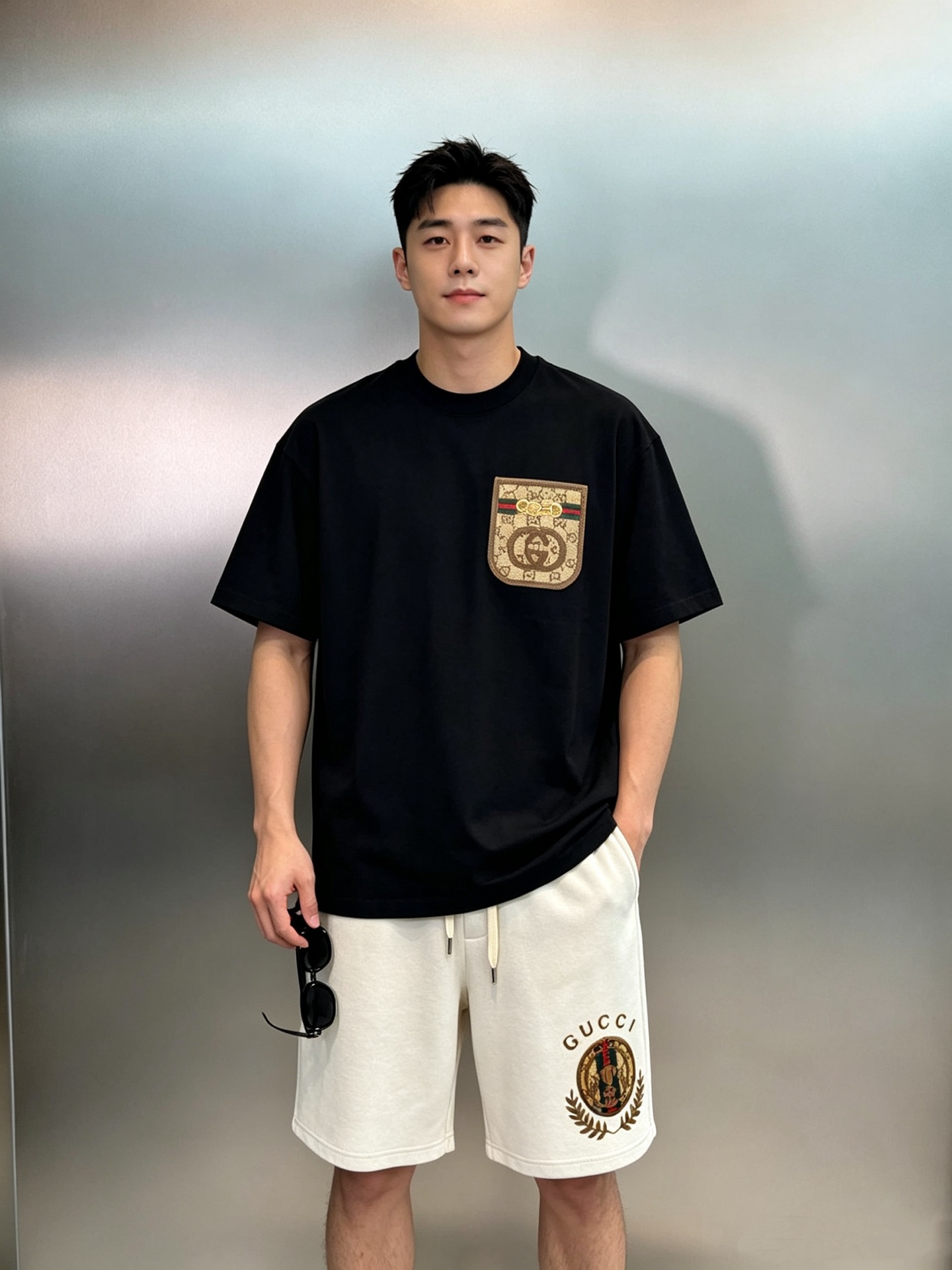 Gucci骑士徽章五分短裤.男女同款❤️Gucci新款骑士麦穗风.重磅水洗纯棉复合面料.经典织带马衔扣，咖色/米白两色轻