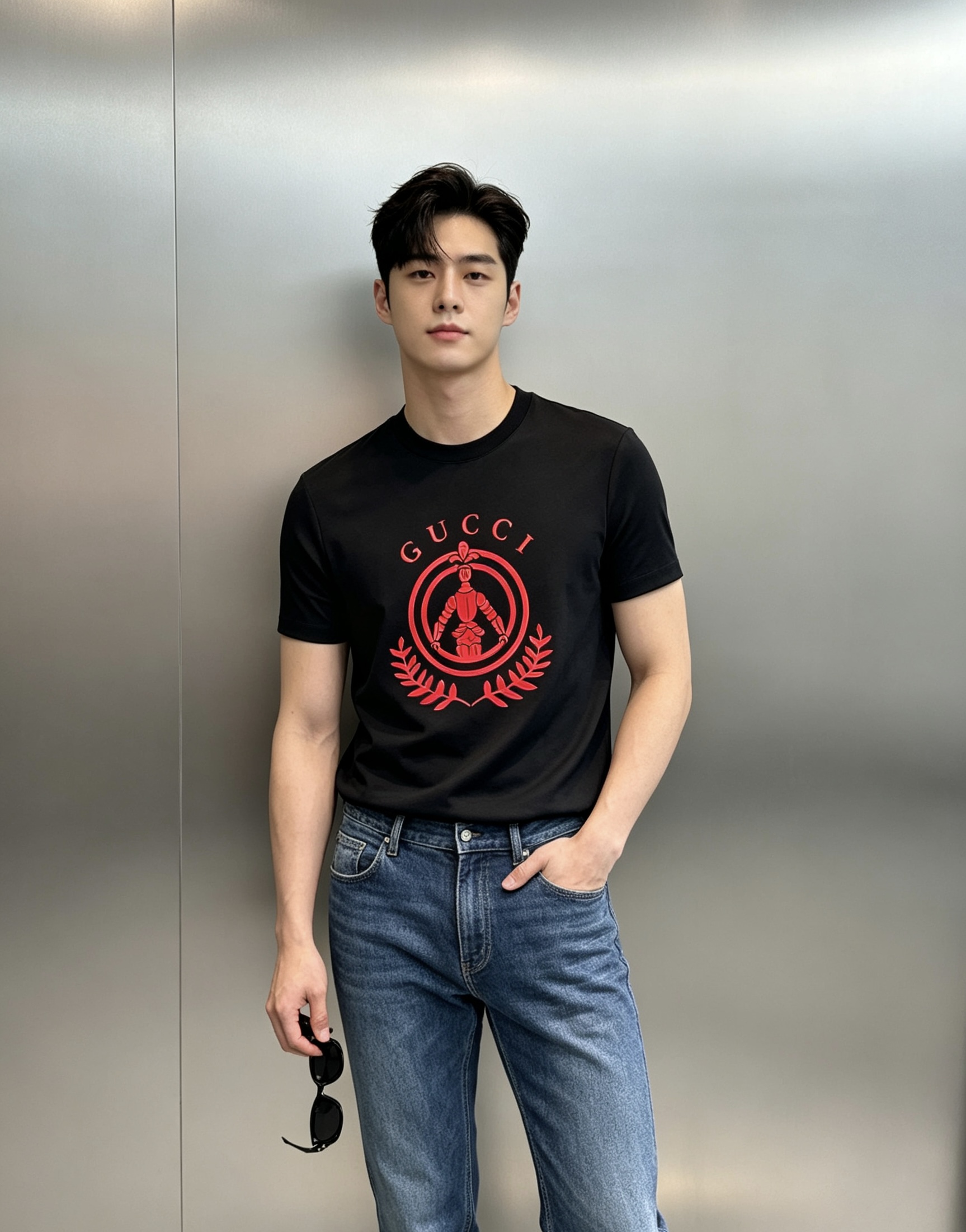 NO:957904,GUCCI summer limited edition knight logo mercerized cotton slim fit T-shirt. Wear the retro aristocratic style on your body. The fabric is made of heavyweight high-count mercerized long-staple cotton, which has been professionally mercerized and polished. It is soft and silky on the hand, and the upper body has a delicate and soft light. High temperature  It is breathable and sweat-wicking, saying goodbye to the stuffiness and roughness of ordinary cotton T-shirts. The classic slim fit is specially adjusted for Asian men's figures. It has a moderate waistline to optimize the proportions. The shoulder line fits closely without sagging the shoulders. The upper body is neat and energetic. It can be easily controlled by both slightly strong and thin figures. Chest  The former iconic red knight's armor is embossed with an embossed print, and ring-shaped laurel branches surround the retro logo, restoring the brand's centuries-old aristocratic design aesthetics. The contrasting red label is low-key and eye-catching without being overly public. The black and white two-color basics are versatile and can be worn alone with denim to look cool and casual. It can be worn with a suit or jacket for commuting and is noble. It can meet the needs of the whole season in one piece and is a must-have for men who pursue a low-key, light and luxurious texture. Size M-4XL slim fit (/145 pounds recommended XL, gucci, jackets  & coats,tees,t-shirt,business suit,19860909GUCCI夏季限定骑士徽标丝光棉修身T恤.把复古贵族格调穿在身上.面料采用重磅高支丝光长绒棉,经过专业丝光打磨,上手软糯丝滑,上身自带细腻柔光,高温天透气排汗,告别普通棉T的闷黏粗糙.经典修身版型专为亚洲男士身材调整,适度收腰优化比例,肩线贴合不垮肩,上身利落显精神,微壮、偏瘦身材都能轻松驾驭.胸前标志性红色骑士盔甲浮雕印花,环形月桂枝叶环绕复古标识,还原品牌百年贵族设计美学,撞色红标低调吸睛,不会过度张扬.黑白双色基础百搭,单穿搭配牛仔痞帅随性,内搭西装、外套通勤显贵,一件搞定整季穿搭需求,追求低调轻奢质感的男士必入.码数M-4XL修身版型（/145斤建议XL,,gucci,jackets & coats,tees，t-shirt,business suit,,Men's clothing