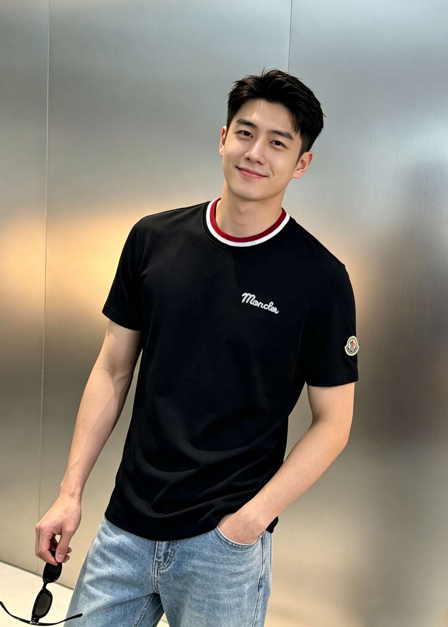 NO:958697,Moncler Men's Modal Short Sleeve T-shirt 300g modal cotton material, soft and comfortable, knitted collar + red and white stripes, academic style Moncler embroidery + cuff badge on the left chest, full of details. Dark black and versatile, it is very stylish when paired with casual pants or jeans, simple and textured, can be easily used for daily commuting and leisure occasions!  All three standards!  Color black. White. Size M-3XL Slim fit (S and 4XL can be customized) 175/140 pounds recommended L, Moncler, jeans, T-shirt, tees, t-shirt,19860909Moncler蒙口男士莫代尔短袖T恤300g莫代尔棉材质,柔软舒适,针织领口+红白条纹,学院风满满左胸Moncler刺绣+袖口徽章,细节感拉满.深黑色百搭,随手搭休闲裤或牛仔裤都很有型,简约又有质感,日常通勤、休闲场合都能轻松驾驭！三标齐！颜色黑色.白色.码数M-3XL修身版型（S和4XL可订做）175/140斤建议L,,Moncler,jeans,T-shirt,tees，t-shirt,,Men's clothing
