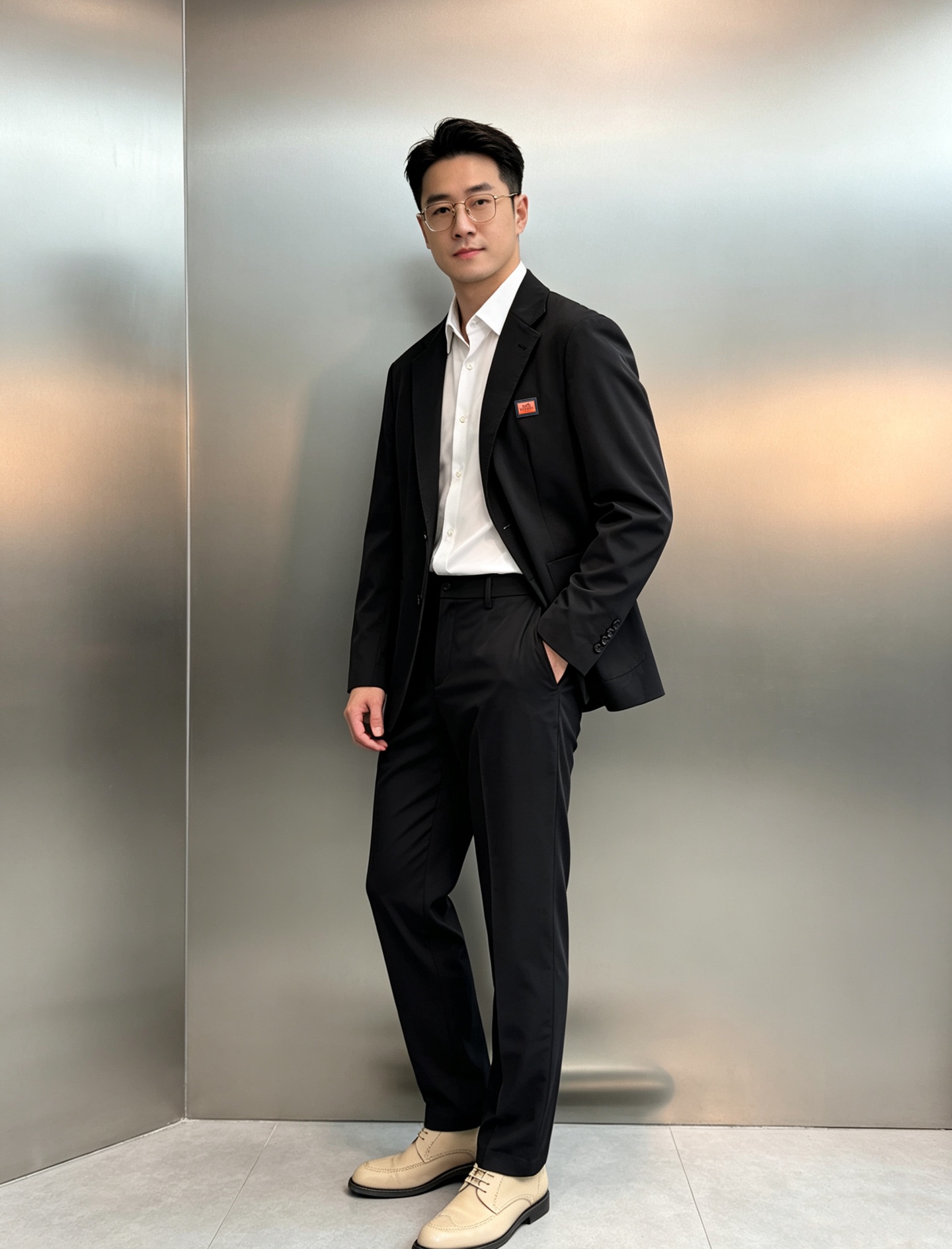 一套 HERMES冰爽锦棉套西🤵‍♂️ 巴黎工坊级剪裁，以品牌标志性橘色徽章为序，将商务的利落与度假的松弛揉进冰爽锦棉里