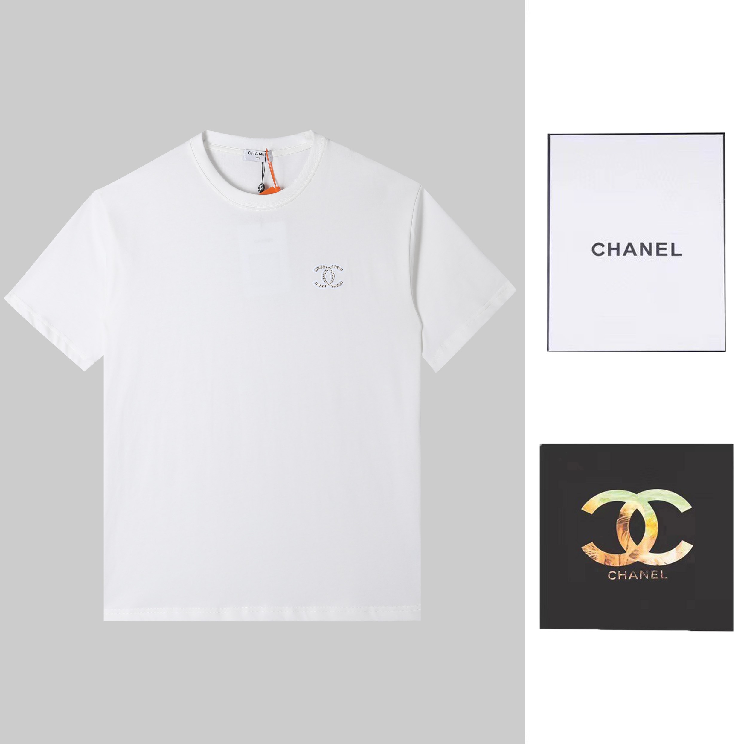 CHANEL Chanel 2024ss camiseta de manga corta con bordado y pedrería Lg. El panel frontal tiene bordado y pedr…