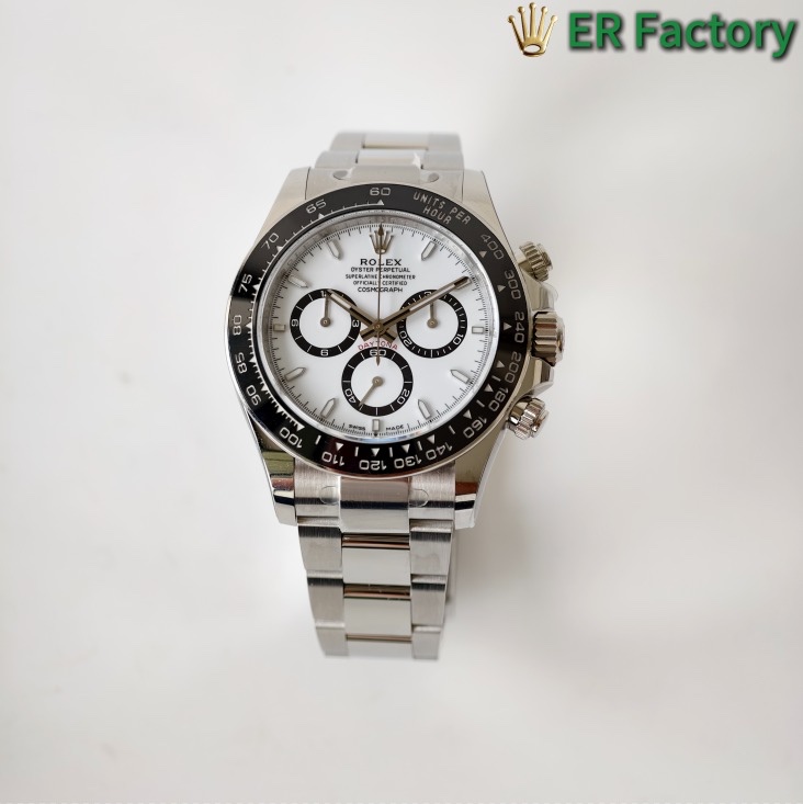 NO:764402,E R F Rolex ROLEX Daytona series Black Panda/White Panda style. The latest super weight-free Caliber: 4131 movement, 1. Material insists on using 904L stainless steel. Compared with the 316L steel commonly used in the market, 904L steel is more expensive and more difficult to process, but it can show a moister, more gray-white metallic luster, and is more corrosion-resistant. The initial data of each curved surface and edge of the case is infinitely close to the original version.  Polish the details of the strap and case. Visually observe the connection between the strap links, as well as the connection between the lugs and the strap. This level of polishing is infinitely close to the original. 2. Dial details - sharpness 1) Scale  Carefully observe the inlay and polishing of the time scale. The edge of the ERF scale is sharp, clean, and free of burrs. Especially the polished surface of the metal frame can reflect a very sharp highlight strip under the light. The luminous oil filling presents a cotton wool texture, which looks particularly delicate and aligned. 2) Pointer The central axis of the pointer (the center of the second hand) is an important position for testing the workmanship of the replica dial. The central axis of the ERF is usually made neater and more centered, and the needle tip is also clean and neat.  3) Logo and fonts: The 'Rolex' crown logo and English fonts on the dial, ERF's oil-filled overlay printing technology, make the letters fuller and more three-dimensional, and there is no paint spillage or blur under the microscope. This is currently the best in the market!  3. Ring and glass 1) Ceramic ring Cerachrom ceramic ring scale is filled with silver gray platinum powder which is whiter and has a grainy feel. It is not prone to graying. The accuracy of the scale alignment is also at the first-class level. 2) Sapphire glass The chamfering treatment of the glass edge and the smoothness of the glass height and the ring are very well controlled. Viewed from the side, the overall contour lines are smooth.  3) The shape of the calendar background and the printed white background are all orange peel patterns. After countless film proofreading, mimeographing times and sequential oil filling. Under the comparison of the mine mirror, there is almost no difference with the original multifunctional mechanical watch,,,rolex19860909E R F 劳力士 ROLEX 迪通拿系列 黑熊猫/白熊猫款式.最新超级砝码无卡度Cal:4131机芯, 1、材质 坚持使用904L不锈钢,相比市场普通版本常用的316L钢,904L钢成本更高,更难加工,但能呈现出更润泽、更偏灰白色的金属光泽,并且更耐腐蚀. 表壳每一个曲面、棱角的初始数据就无限接近原版. 表带与表壳细节打磨 视觉 观察表带链节之间的连接处,以及表耳与表带的衔接处.这种打磨水准是无限接近原装的. 2、表盘细节-锐利度 1）刻度 仔细观察时标刻度的镶嵌和打磨.ERF的刻度边缘锐利、干净,没有毛刺.特别是金属边框的抛光面,在光线下能反射出非常锐利的高光条,夜光填油呈现棉絮质地,显得格外精致且对版. 2）指针 指针的中轴（秒针中心）是检验复刻表盘做工的重要位置.ERF的中轴通常做得更工整、更居中,针尖的处理也干净利落. 3）Logo与字体 表盘上的“Rolex”皇冠Logo和英文字体,ERF的填油覆盖印刷技术字母标更饱满、更有立体感,在显微镜的照射下没有溢漆或模糊的情况,目前这点是市场顶尖的存在！ 3、圈口与玻璃 1）陶瓷圈口 Cerachrom陶瓷圈口刻度银灰色填充的铂金粉颜色更白且有颗粒感.不易出现发灰的情况.刻度对齐的精准度也都属于一流水平. 2）蓝宝石玻璃 玻璃边缘的倒角处理和玻璃高度与圈口的平顺度都控制得非常好,从侧面看,整体的轮廓线条流畅. 3）日历底色与印刷白色底色形状均为橘皮纹路,经过无数次菲林的校对、油印次数和顺序填油.在矿大镜的比对下,几乎与正品无差异多功能机械腕表 ,,,rolex,Watch
